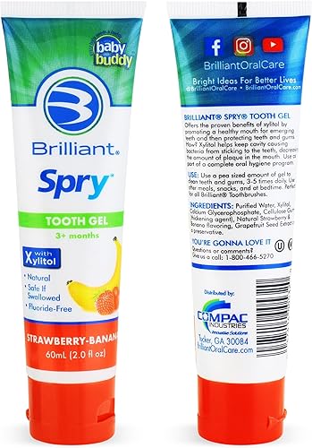 Brilliant Spry - Pasta de dientes en gel para niños, con xilitol para una protección avanzada de dientes y encías, sin flúor y seguro si se ingiere,