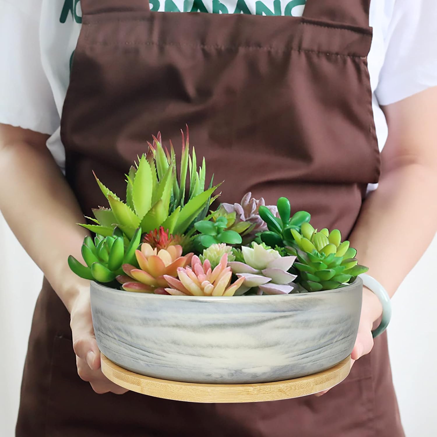 DeeCoo Succulent Pots, 2 Packs Ceramic Flower Succulent Planters Pot with Bamboo Tray, Marble Pattern Round Succulent Planter Pot for Indoor/Outdoor Plants