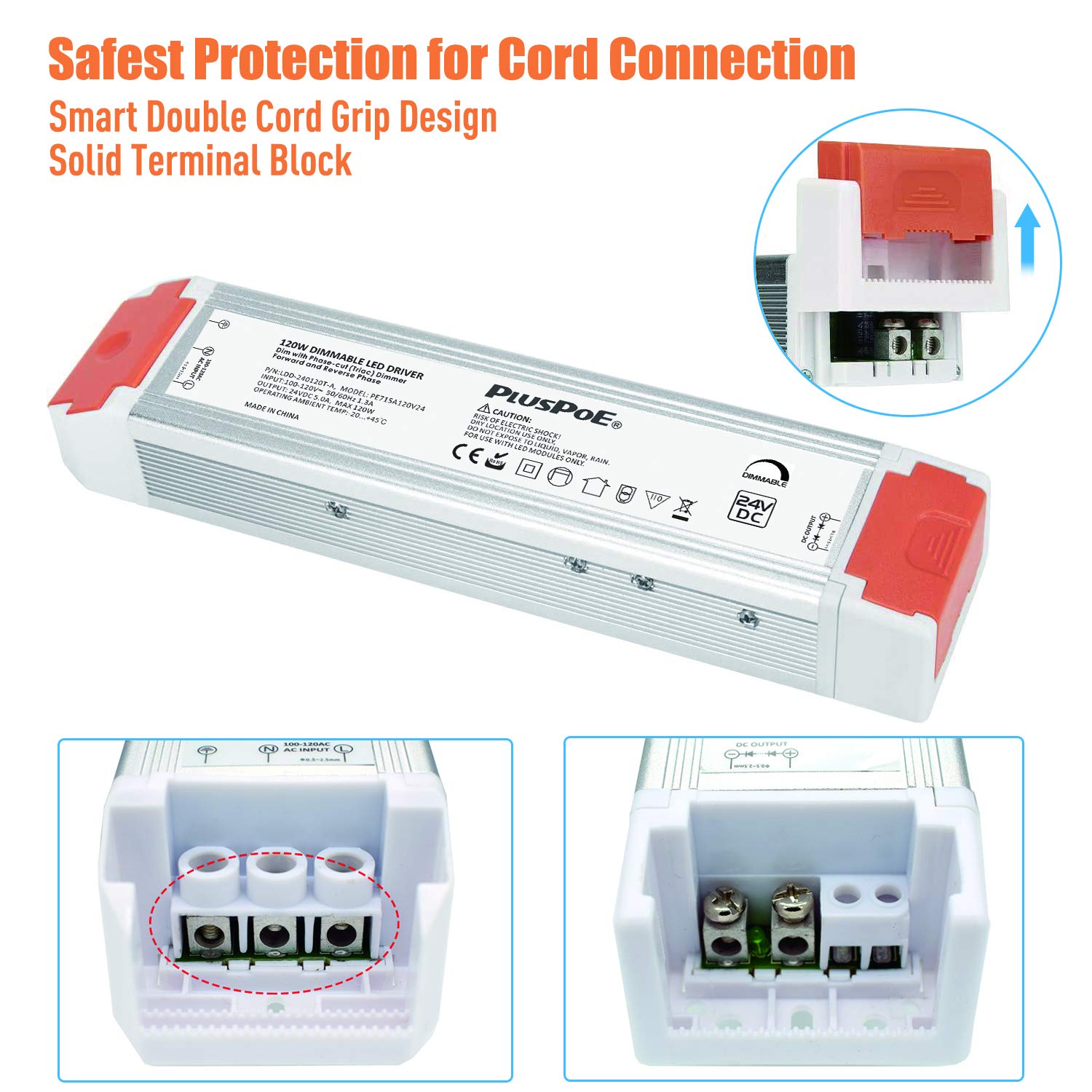 PLUSPOE 24V 120W Dimmable Led Driver, 110V AC to 24V DC Low Voltage Power Supply Dimming Transformer for 24V LED Strip Lights,Compatible with Lutron, Leviton and Other Wall Dimmer