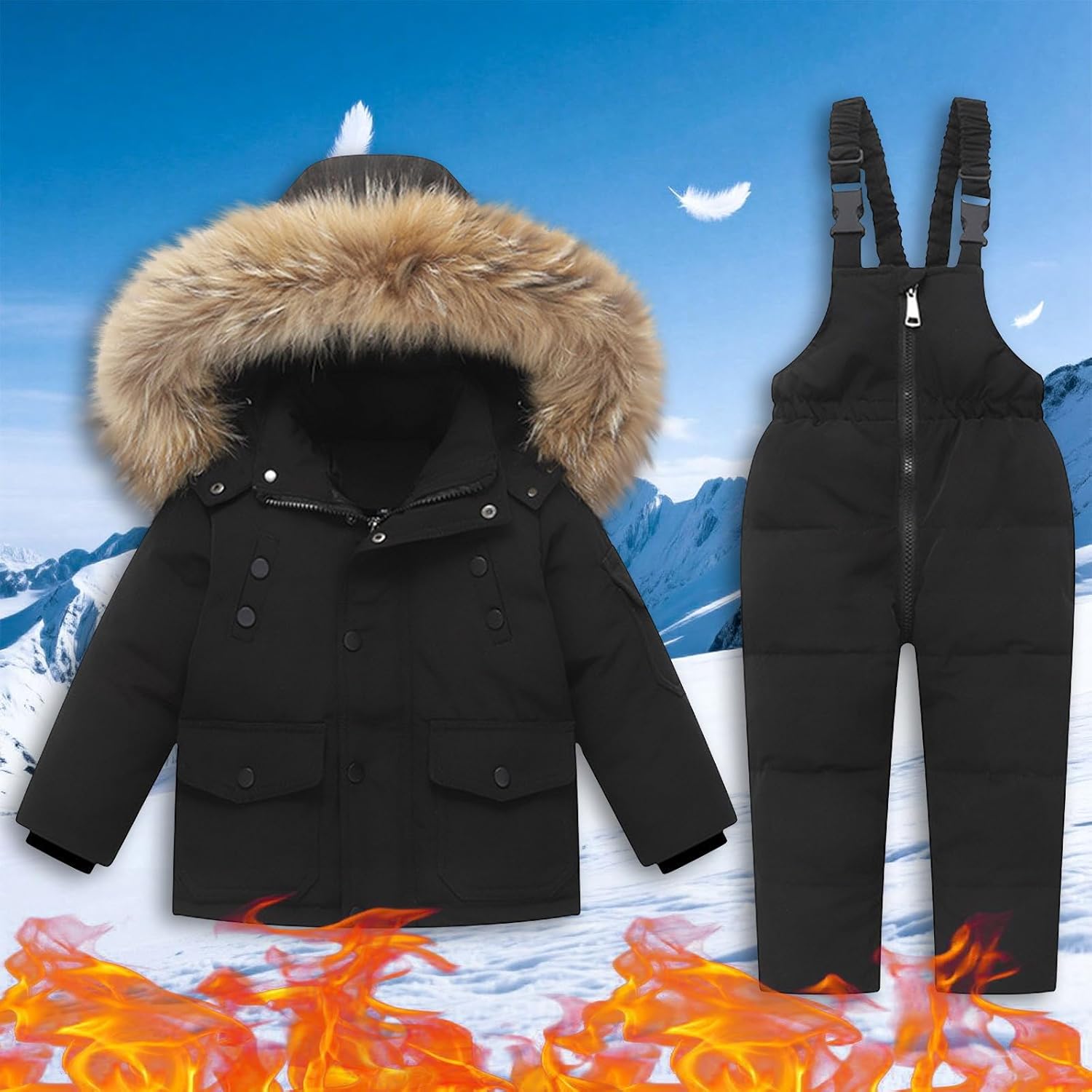 Snowsuit Boys Girls Snow Pants and Jackets Bib Winter Outdoor Ski Outfit Kids Hoodie Puffer Fleece Clothes Snow Suit