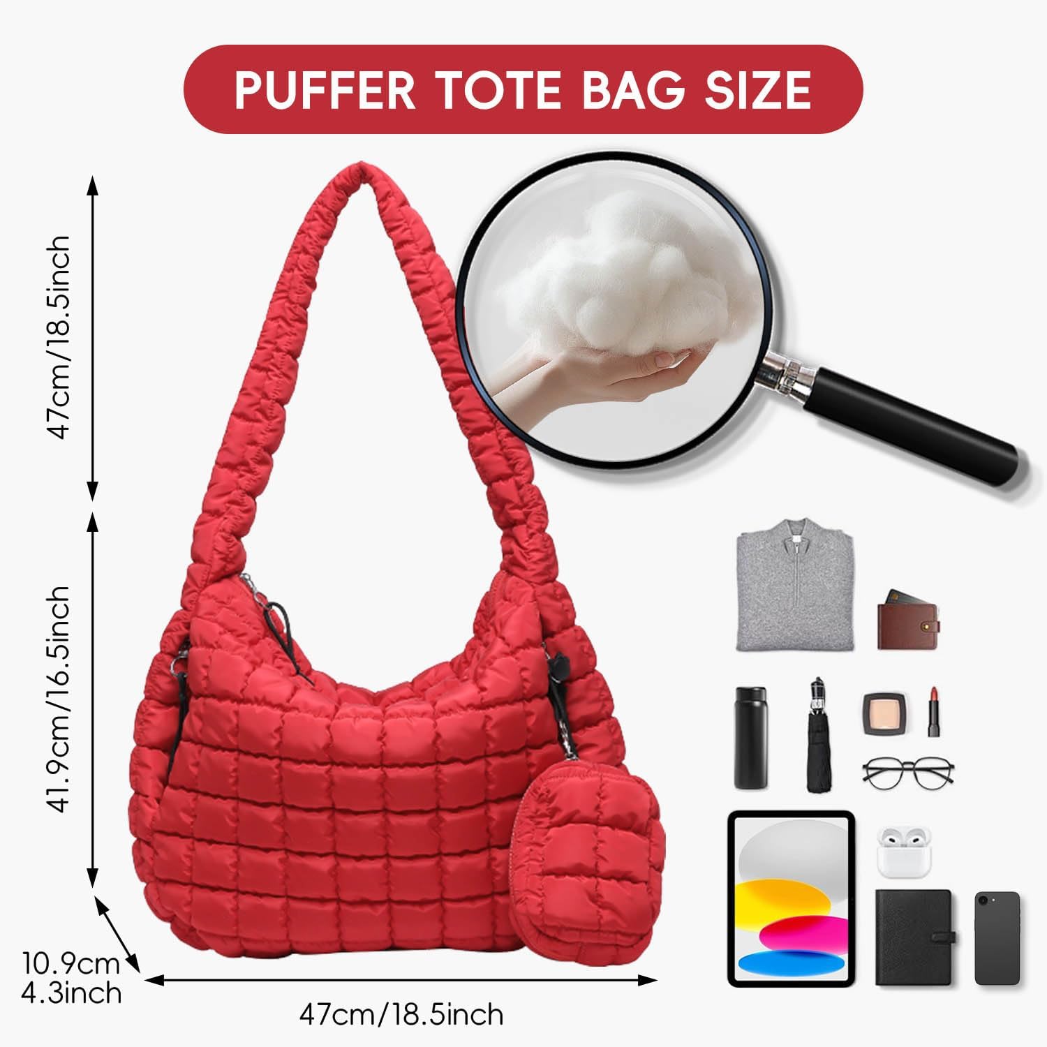 Puffer Tote Bag for Women, Large Quilted Puffer Bag with Pouch, Puffy Quilted Hobo Bag, Puff Crossbody Purse