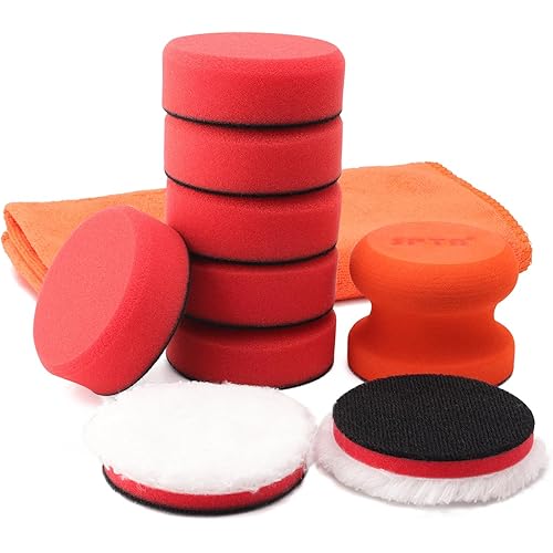 3 Inch Polishing Pad, SPTA 8Pcs Car Wax Applicator Pads with Handle and Towel, Hand Foam Pads & Microfiber Pad Kit, Detailing Buffing Pads for Car Polishing Waxing Buffing Glaze