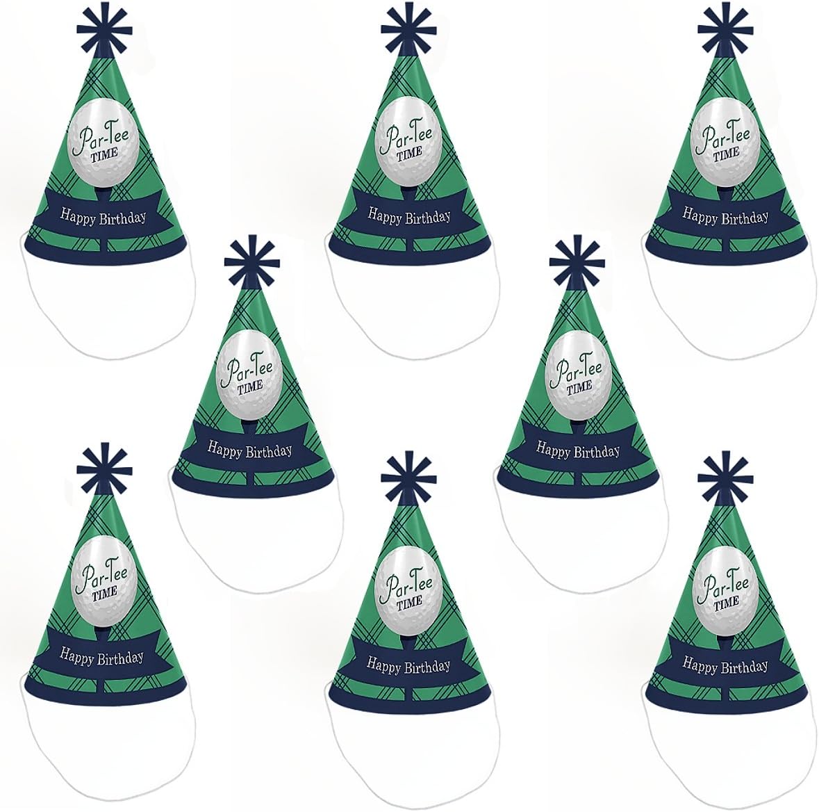 Par-Tee Time - Golf - Cone Happy Birthday Party Hats for Kids and Adults - Set of 8 (Standard Size) : Toys & Games