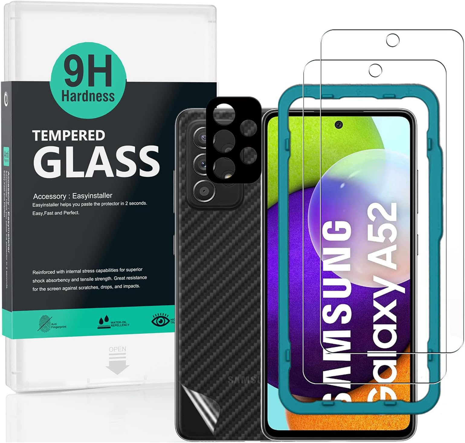 [Pack of 2] Screen Protector for Samsung Galaxy A52s 5G/A52 5G/4G,with Metal Camera Lens Protector,Back Carbon Fiber Skin Protective,Including Easy Install Kit,Fingerprint ID Compatible