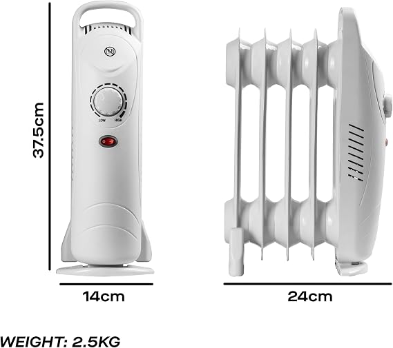 Daewoo Oil Filled Radiators, 650W, Mini, Ideal For Small Rooms, Adjustable Thermostat, Carry Handle, Power Indicator, 5 Fins, Portable And Compact, White