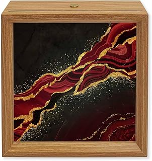 Wood Night Light Box 4.5x4.5in,Modern Red Black Marble Texture Table Lights Wooden Picture Frame with USB Rechargeable Touch LED Lights for Home Decor Desktop Display,Abstract Gold Stripe