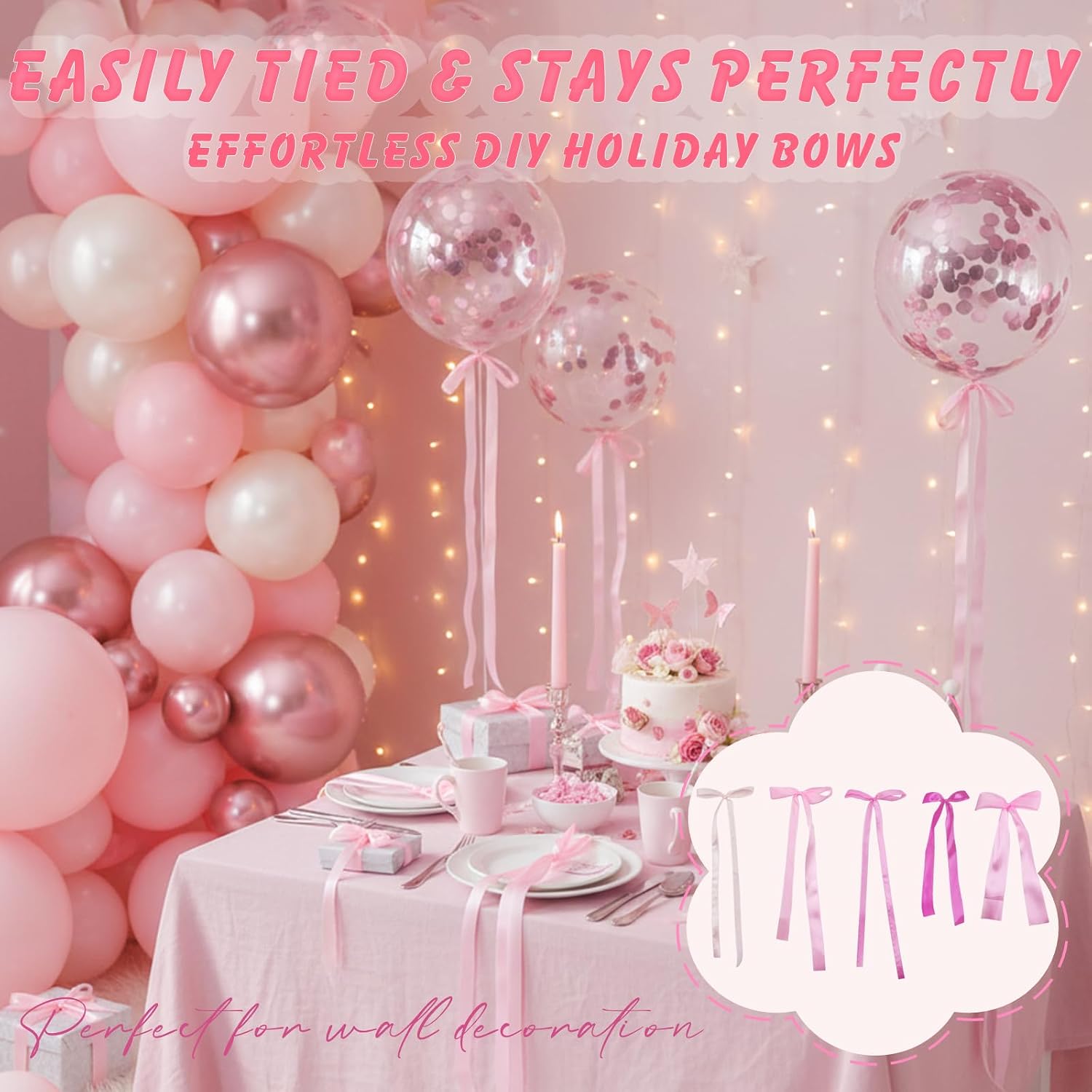 60PCS Pink Bow Birthday Party Decorations, 3 Sizes Bow Wall Decor, Ribbon Bows Wall Backdrop Stickers for Birthday, Baby Shower, Bachelorette Wedding Party, Room Bedroom Decor