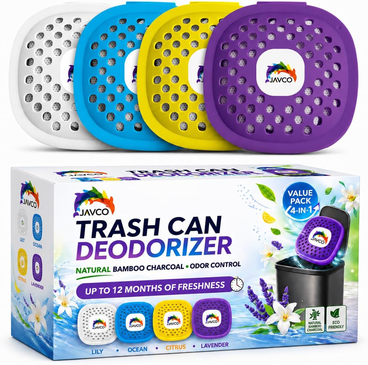 Trash Can Deodorizer & Odor Eliminator 4 in 1 – Garbage Can Deodorizer, Activated Charcoal Stick-On Odor Absorber for Garbage Cans = Up to 12 Months Freshness