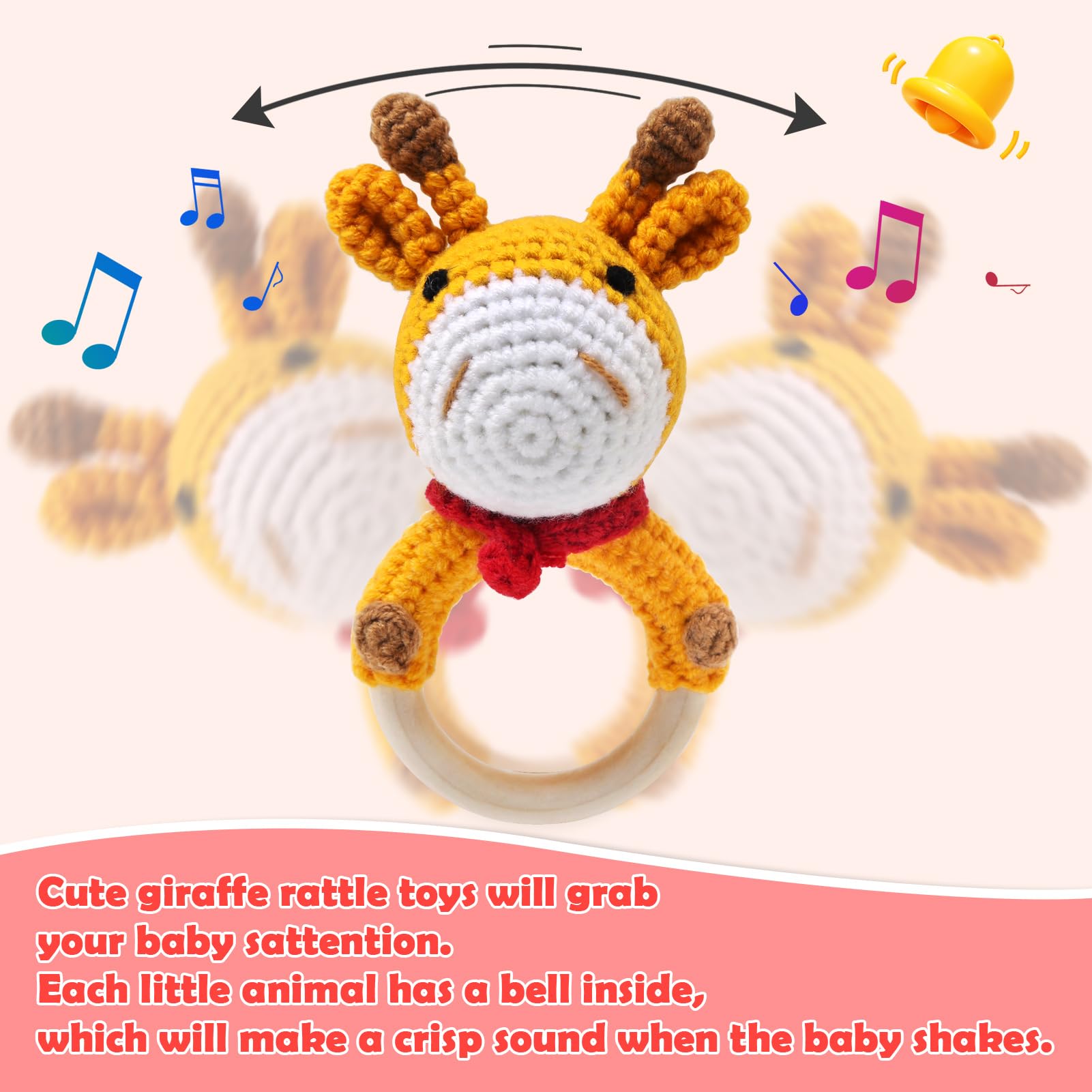 Joylife Wooden Baby Rattle with Teething Ring, Hand-Crocheted Deer Newborn Toy - Image 3