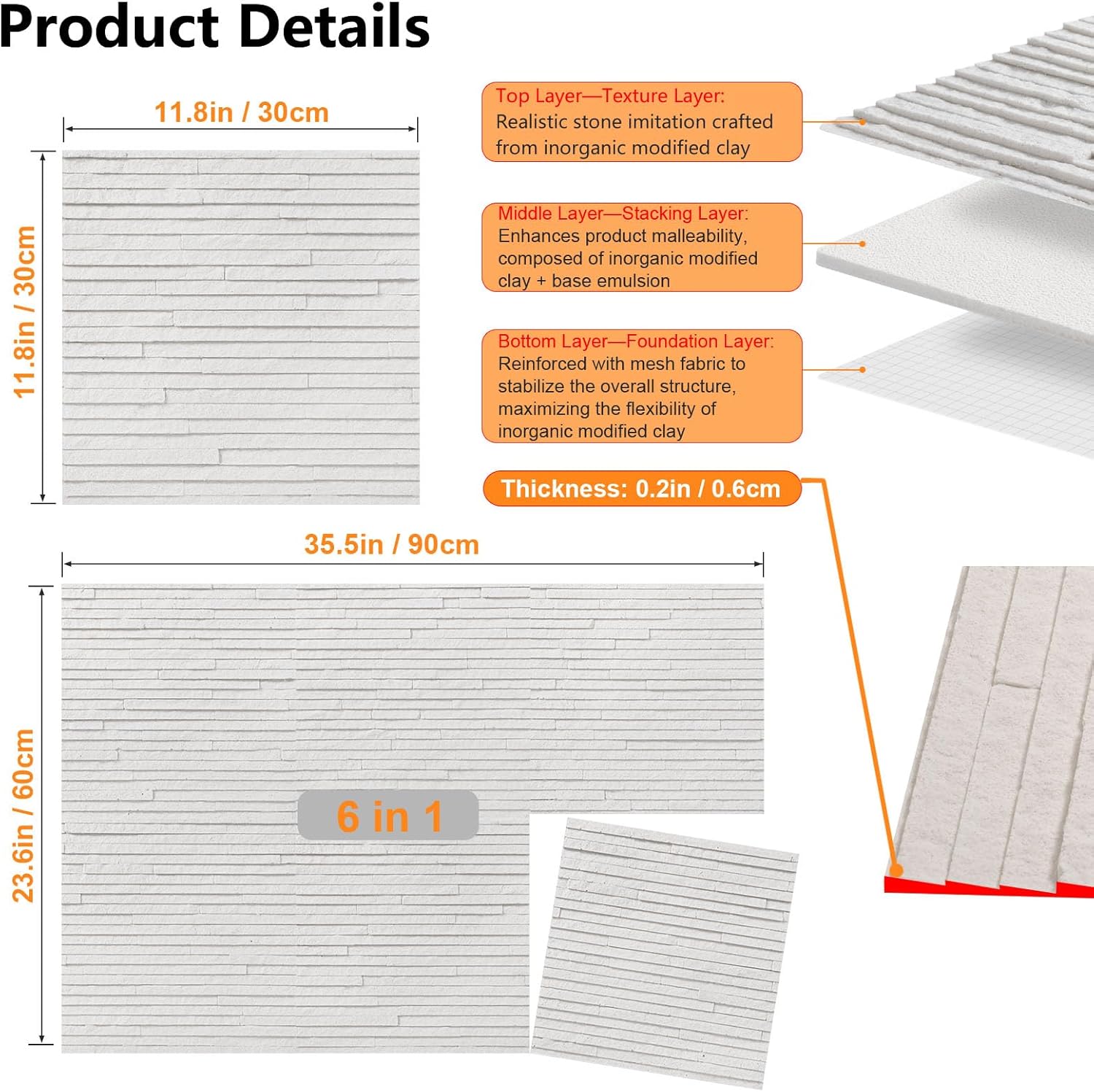 6 Pcs 3D White Waterfall Stone Wall Panels, 11.8'‘ x 11.8’' x 0.2'', Layered Stone Effect, Suitable for Indoor/Outdoor Wall Decor, Living Room TV Backdrop, Bedroom, Kitchen (5.8 sq. ft.)