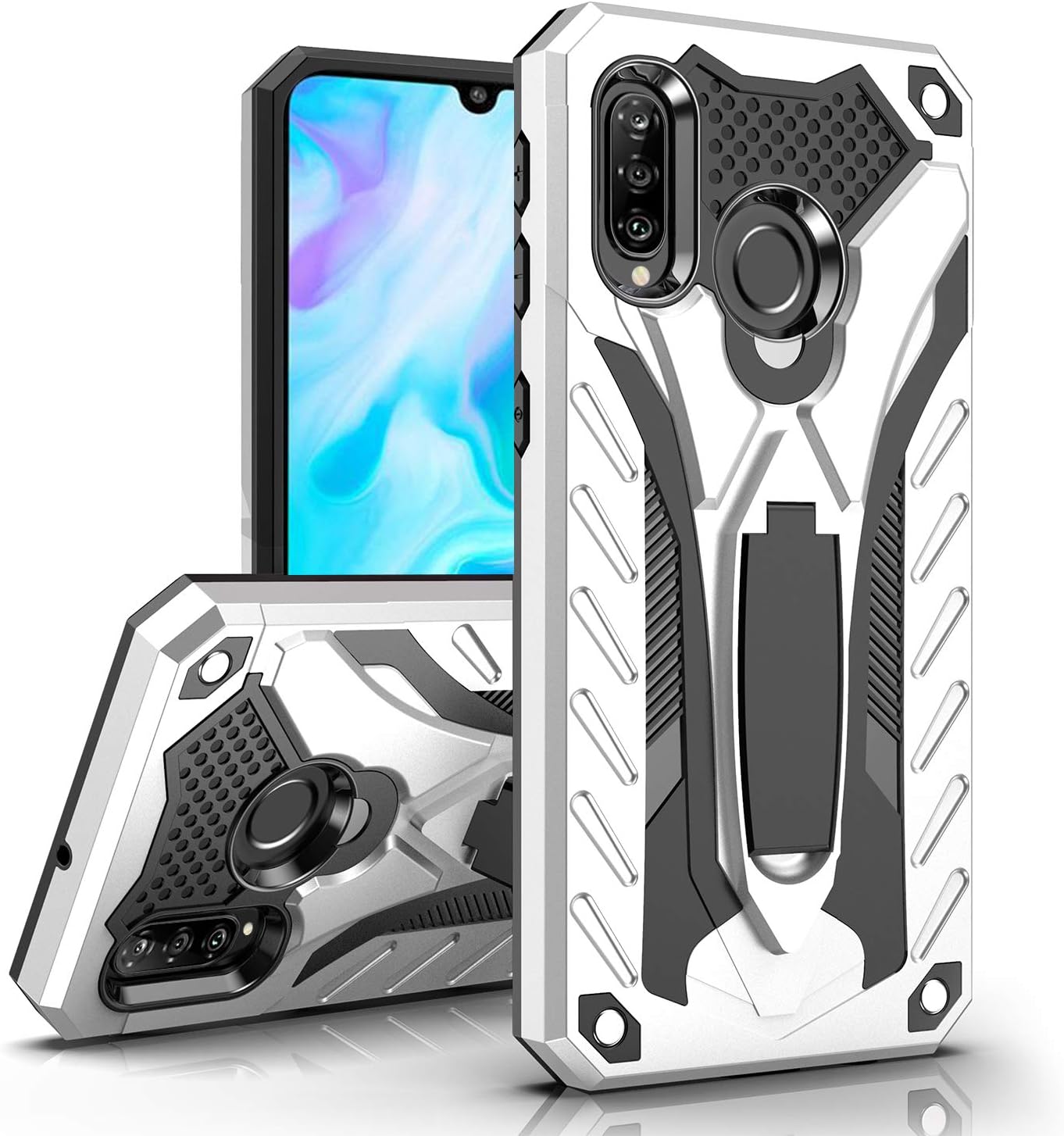 MILAN NICE Phone Case for Huawei P30 Lite Heavy Duty Litetective Hard Cover ShockLiteof Certified with Drop Tested with Smartphone Kickstand (Silver)