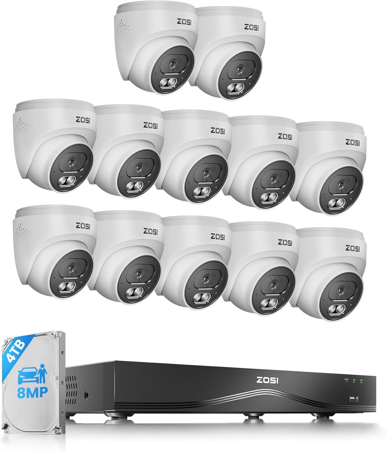 ZOSI C220 4K 8MP 16CH POE NVR Security Camera System (32CH Expandable), 12 x 8MP PoE IP Cameras Outdoor Indoor, 24/7 Recording, AI Human/Vehicle/Face Detection, Two-Way Talk, Night Vision, 4TB HDD