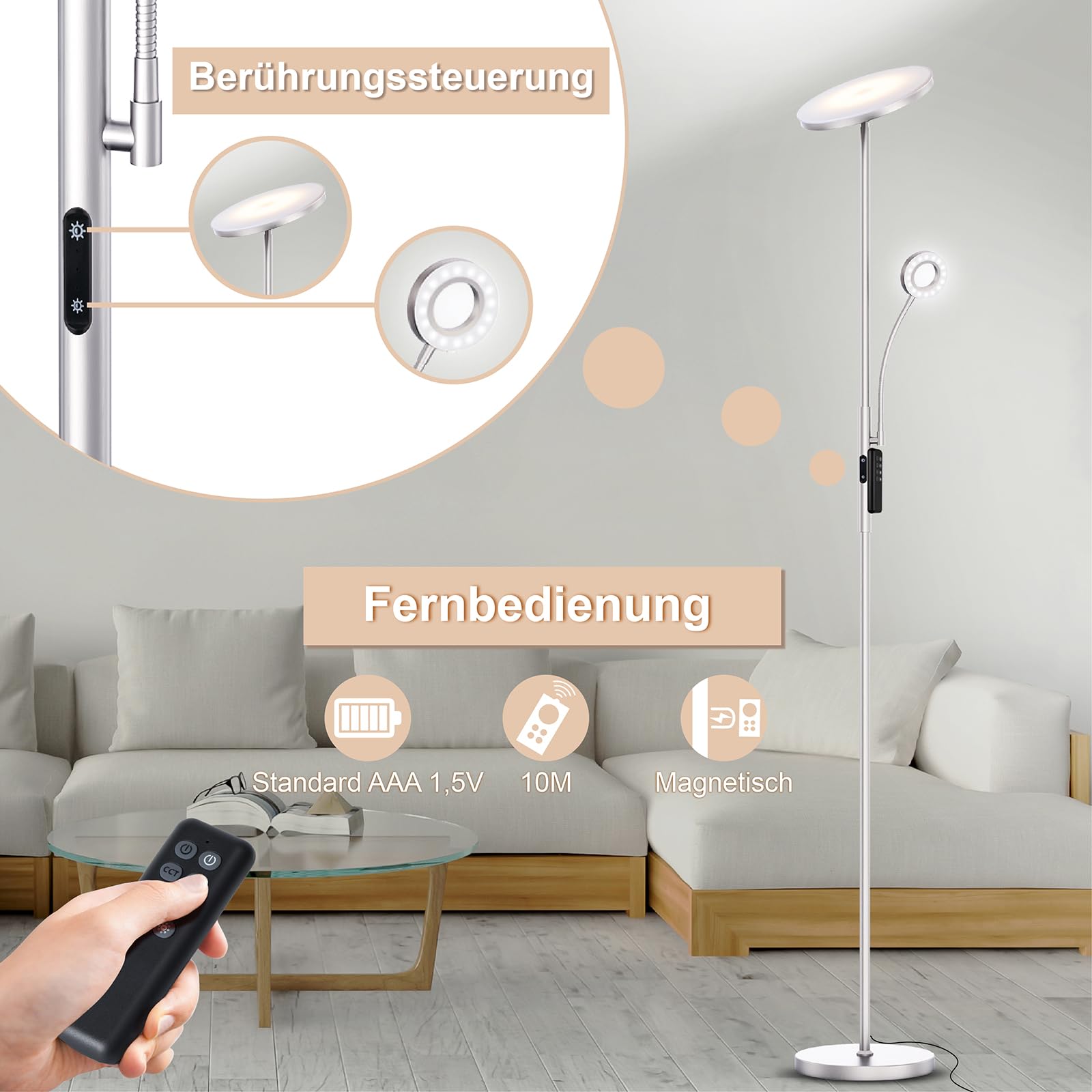 Modlicht 35W Stehlampe LED Dimmbar Silber, 4200LM Deckenfluter LED mit Leselampe, 3000-6000K Stehleuchte Wohnzimmer mit Fernbedienung & Touch-Steuerung, Stehlampe Leselampe für Schlafzimmer Büro