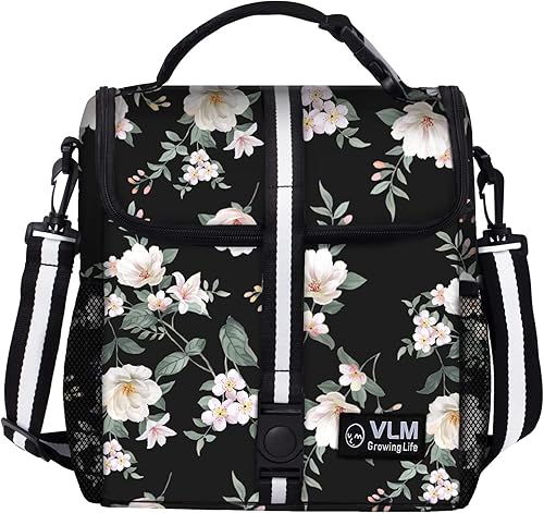 VLM Bolsas de almuerzo para mujer, a prueba de fugas, con estampado floral, con correa ajustable para el hombro, reutilizable, con cremallera, bolsa