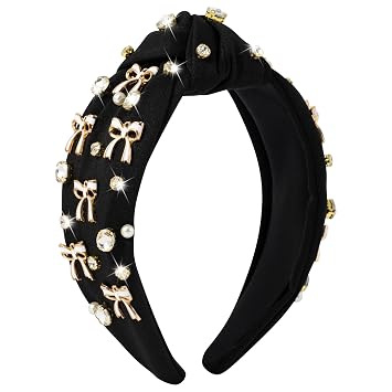 PANTIDE Black Bow Jeweled Knotted Headband - Rhinestone Crystal Pearl Embellished Headband Wide Top Knot Non Slip Hairband Accessories Bachelorette Wedding Birthday Gift for Women Girl Black