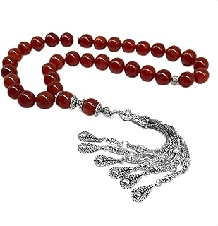 BIG BEADS SERIES- Prayer Beads-Worry Beads-Tesbih-Tasbih-Tasbeeh-Misbaha-Masbaha-Subha-Sebha-Sibha-Rosary (Red Agate Stone Prayer Beads with Metal Tassel (12 mm-33 beads))