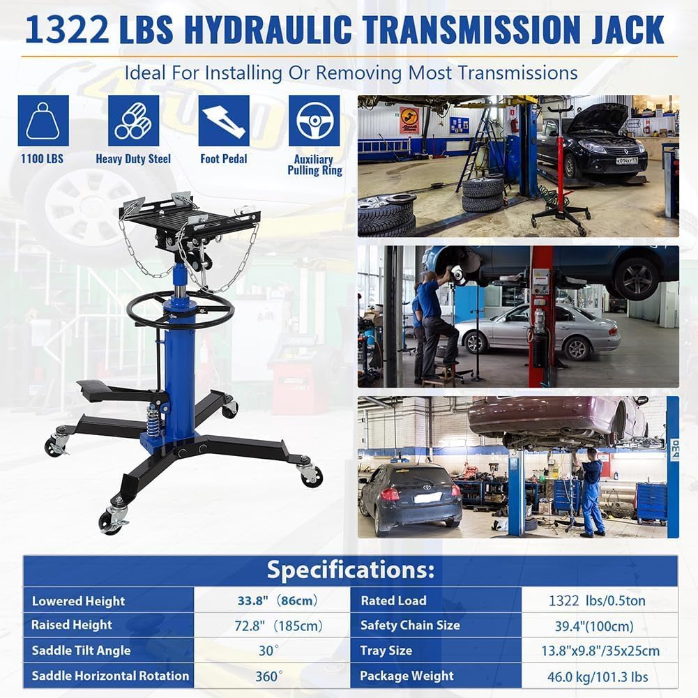 Transmission Jack Lift 1322 Lbs - Adjustable Telescoping Hydraulic High Lift, Single Telescopic Jack Hoist Pedal, 360° Swivel Wheel, 33-1/2"-67" Lifting Range for Garage/Shop