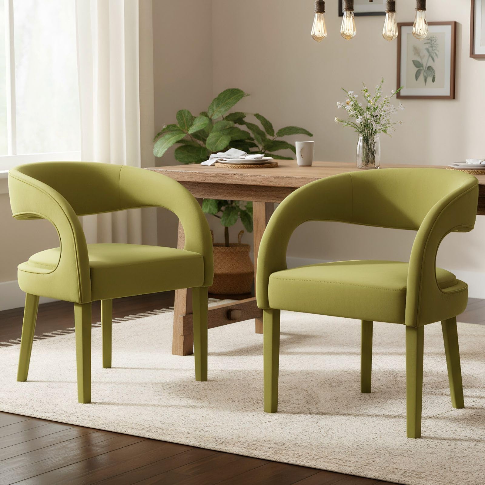 ROCITY Green Velvet Dining Chairs Set of 2 Modern Barrel Accent Chairs Upholstered Dining Room Chairs with Open-Back&Arms Comfy Side Chairs for