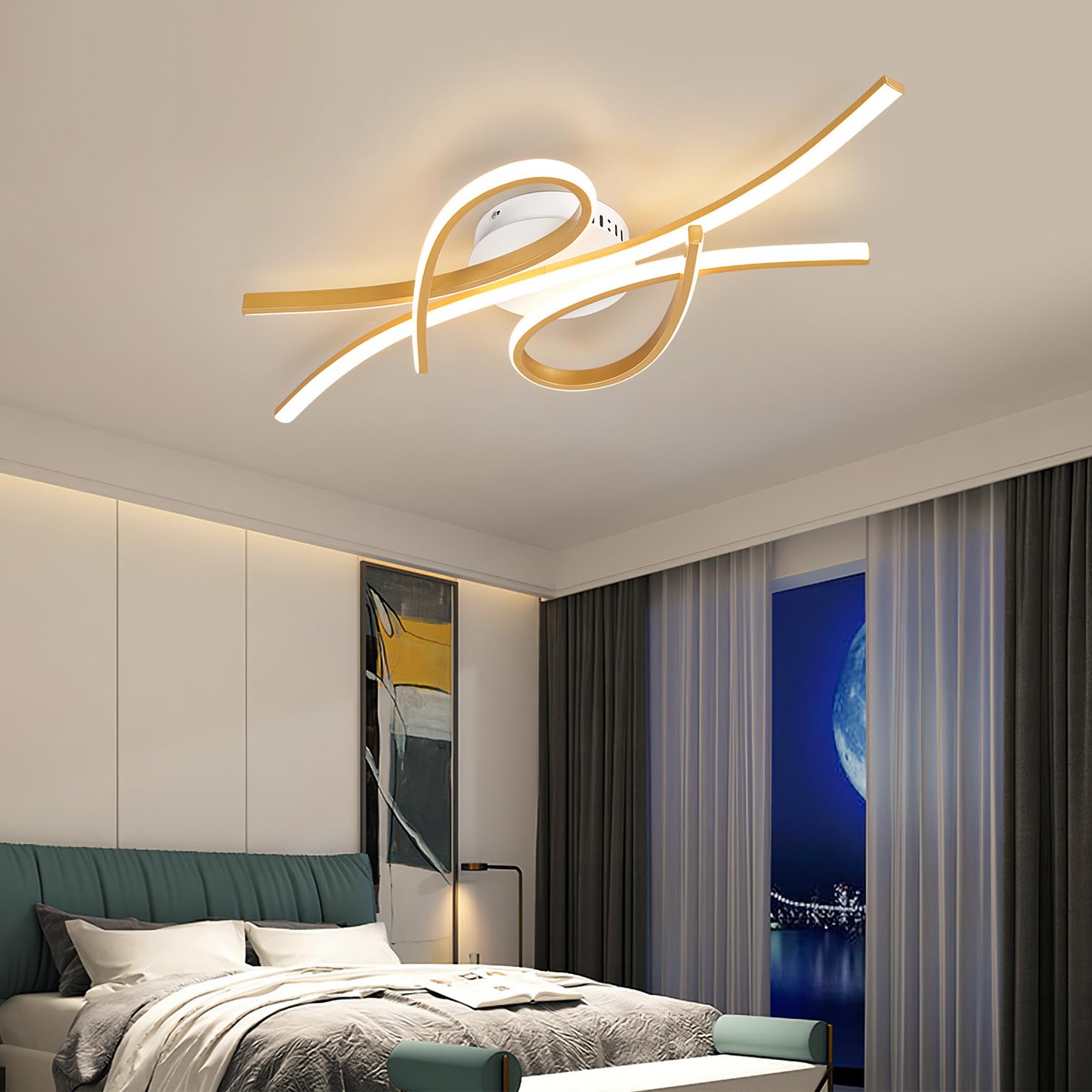 Modern Bedroom and Dining Room Pendant Lamp L100cm, Gold Finish - Dimmable Modern Ceiling Light for Living Room Office Interior