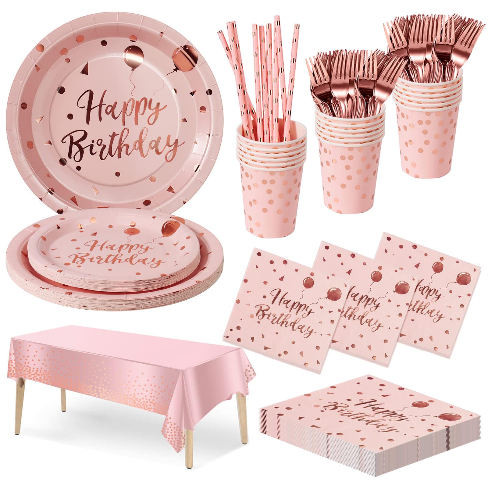 Nkaiso Cumpleaños Vajilla de Fiesta, 20 invitados Rosa y Rosado Dorados Juego de Decoraciones Para Cumpleaños Infantil incluye Platos de Papel Fiesta Tazas Servilletas Reutilizable Cubiertos