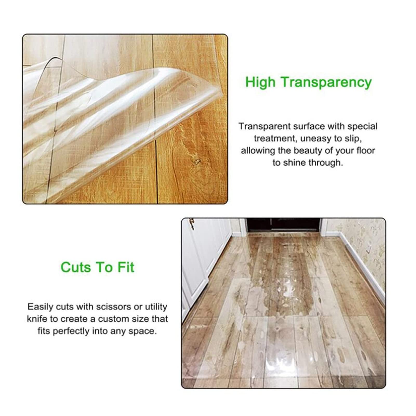Clear Plastic Vinyl Rug Protector Cover Office Clear Hardwood Chair Mat, Rectangle Plastic Vinyl Floor Carpet for Kitchen, 1.5/2mm Thick,Office Chair Mat Non Slip PVC Transparent Rectangle Floor Prote