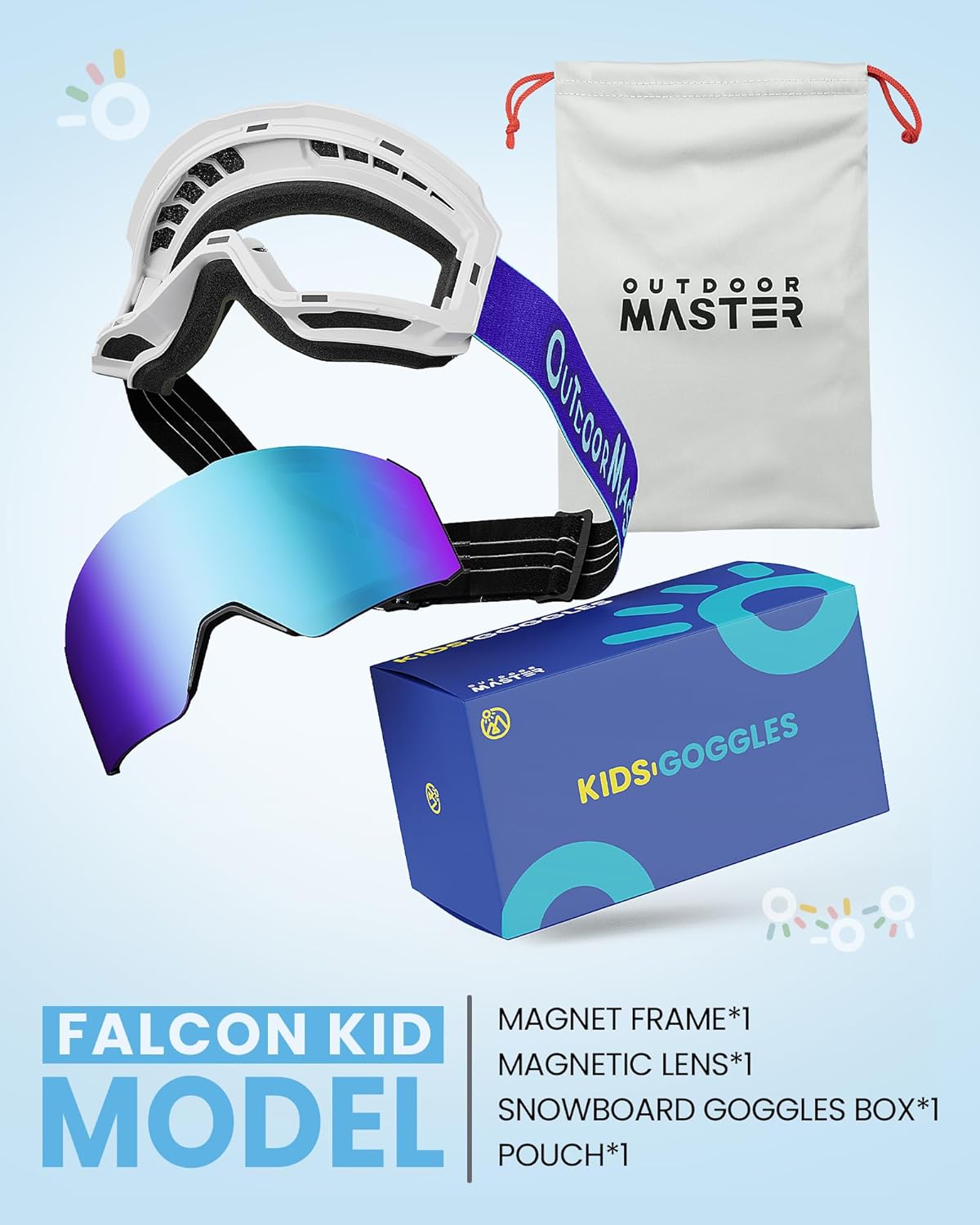 OutdoorMaster Falcon Kids Ski Goggles-Magnetic Interchangeable Lens, Anti Fog UV Protection OTG Snowboard Goggles for Youth