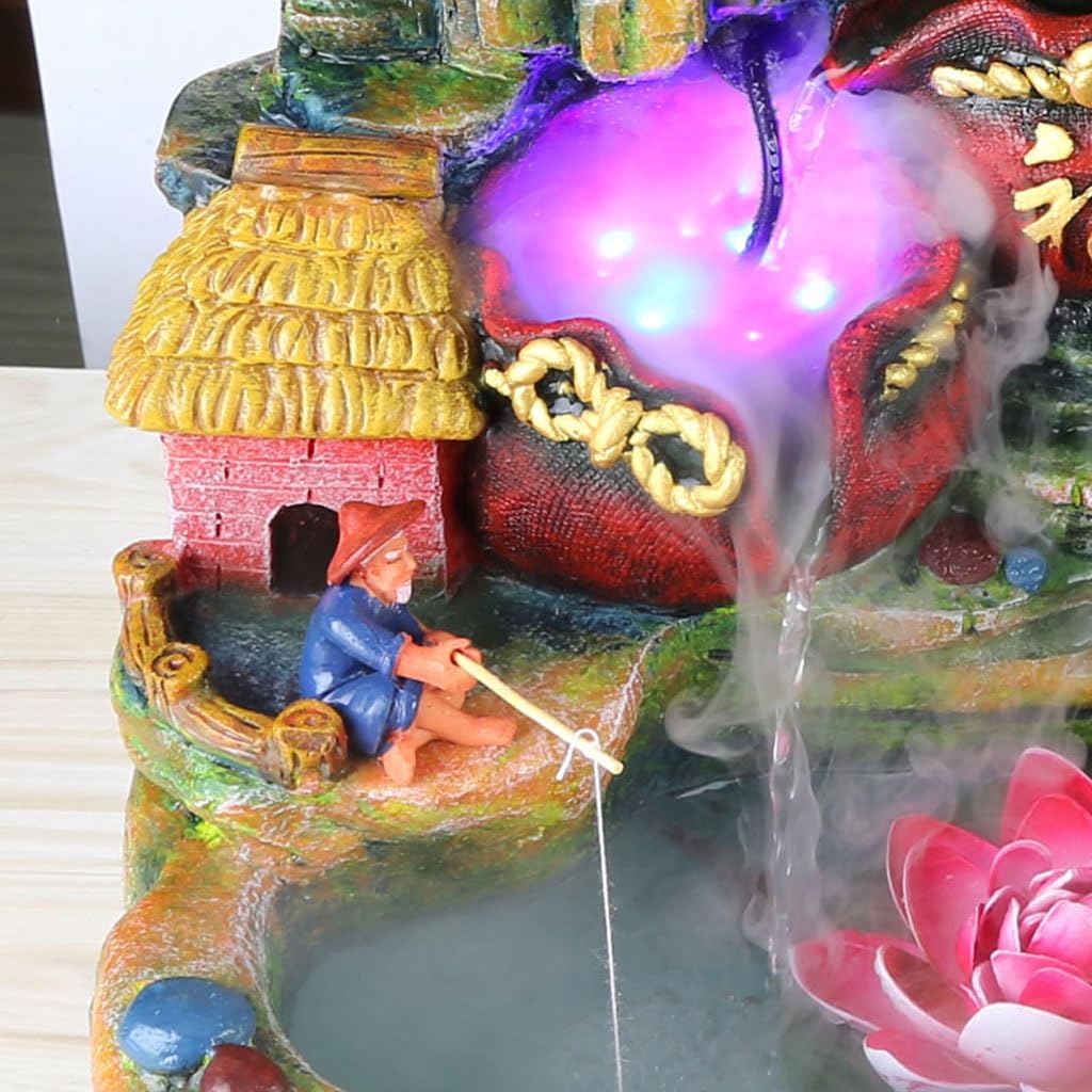 Fuente decorativa de jardín, fuente de agua con cascada, de resina, diseño de gato de la suerte, con iluminación LED, función humidificadora, Feng Shui Zen, decoración para salón, dormitorio, oficina
