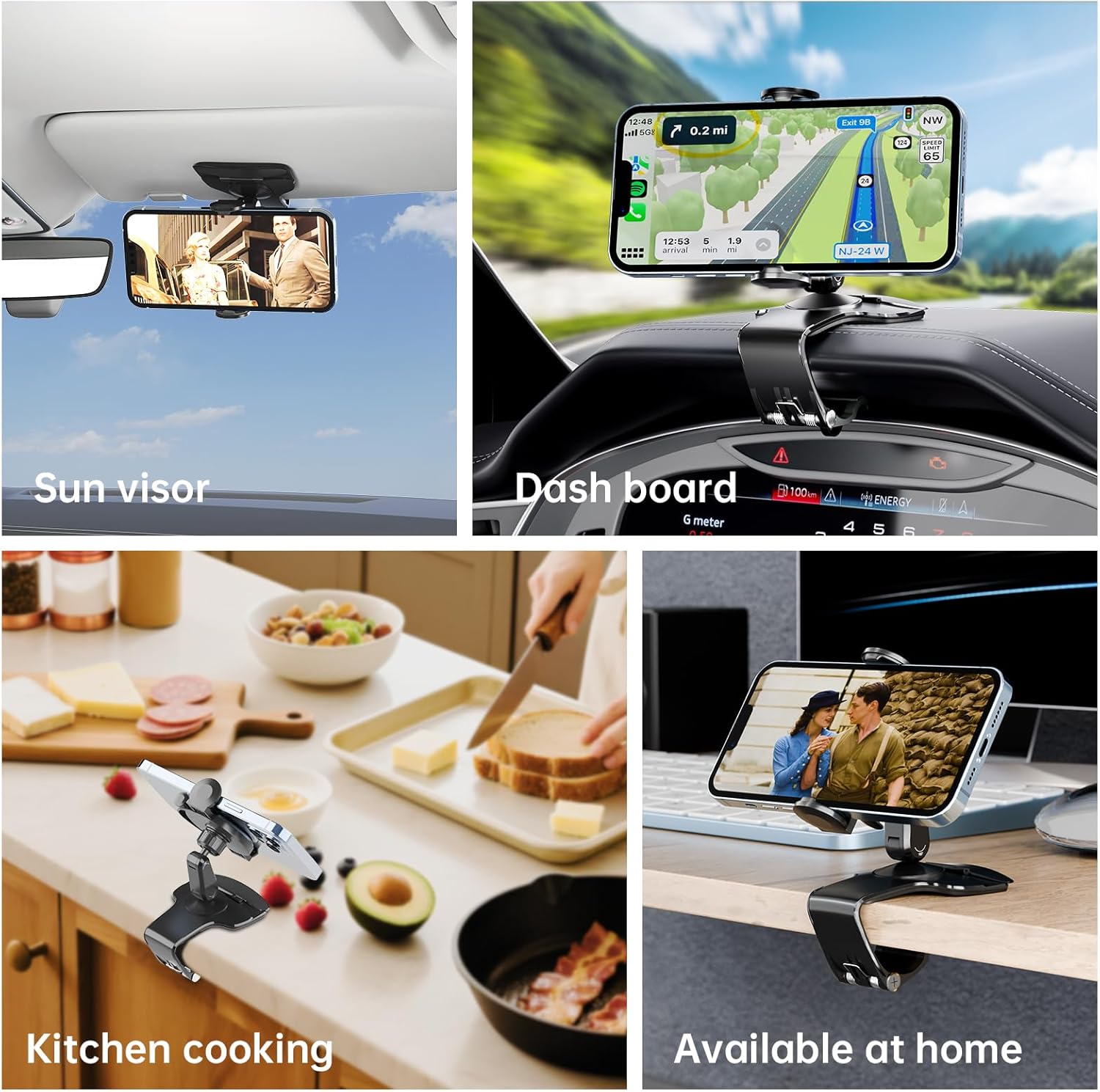 Dashboard Car Phone Holder, Universal 360° Rotation Dash Phone Mount for Car, Multifunctional Dashboard Clip Phone Bracket, Hands-Free Cell Phone Holder Stand Compatible with iPhone & Android (Black)
