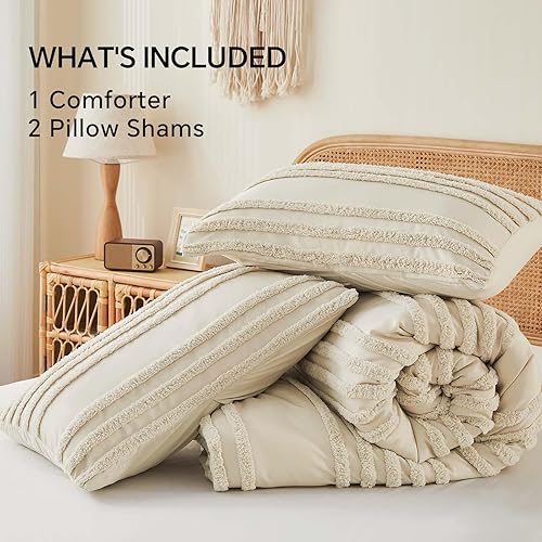 Miniatura 6 de BEDELITE Juego de edredón bohemio tamaño Queen, juego de cama de 3 piezas a rayas beige copetudo, edredón vintage de granja suave y crema para todas
