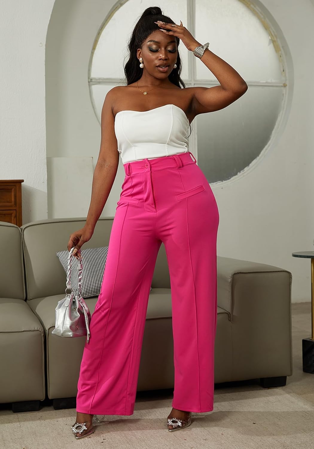 Tbahhir Women High Waisted Work Pants Wide Leg Dress Pants Straight Trousers Casual Business Slacks with Pockets - Image 3