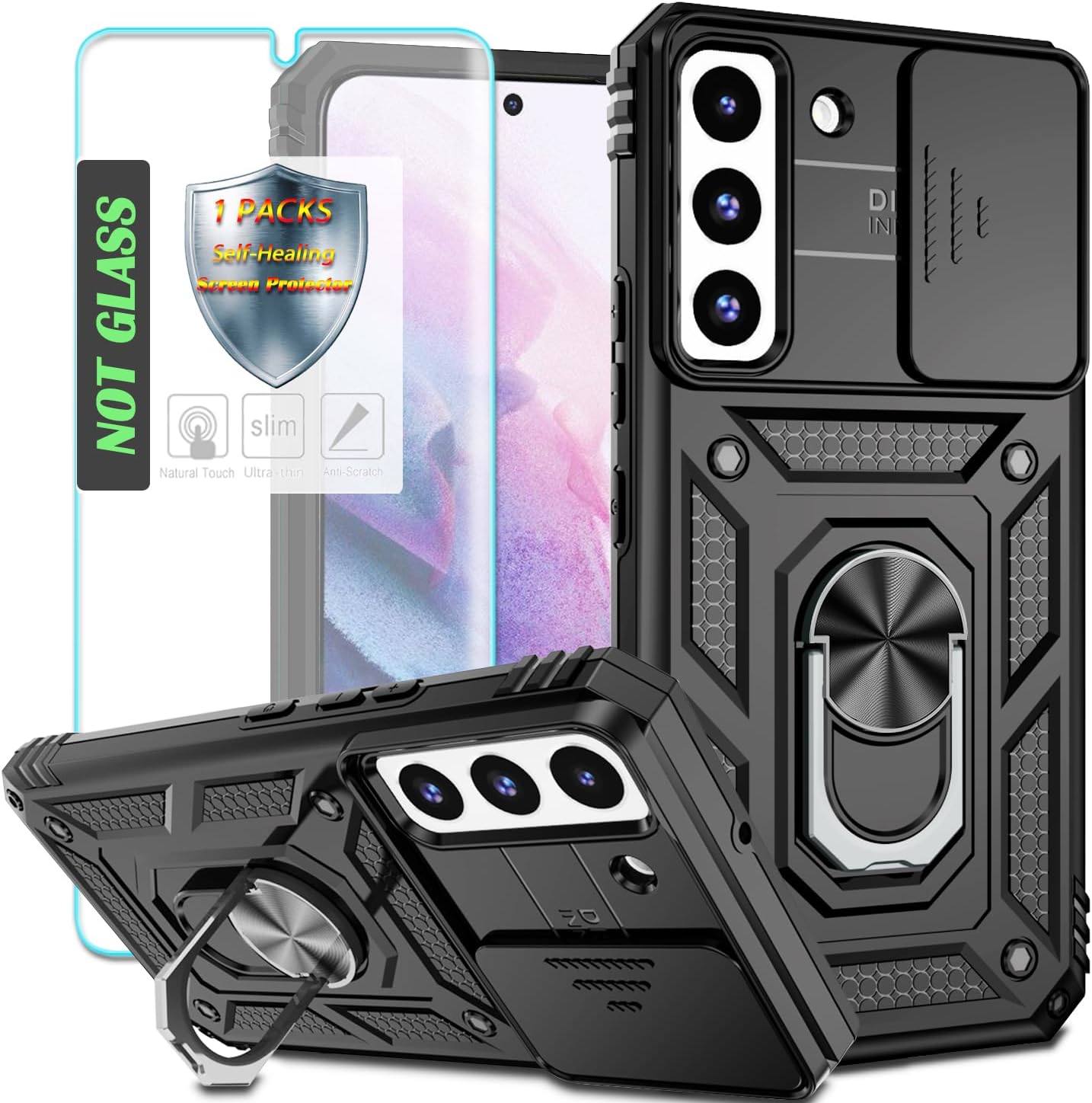 YmhxcY Mobile Phone Case for Samsung Galaxy S22 Plus Case [with 1 Piece Protective Film] 360  Rotating Metal Stand Shockproof Protective Hard Shell with Camera Protection Samsung Galaxy S22 Plus Black