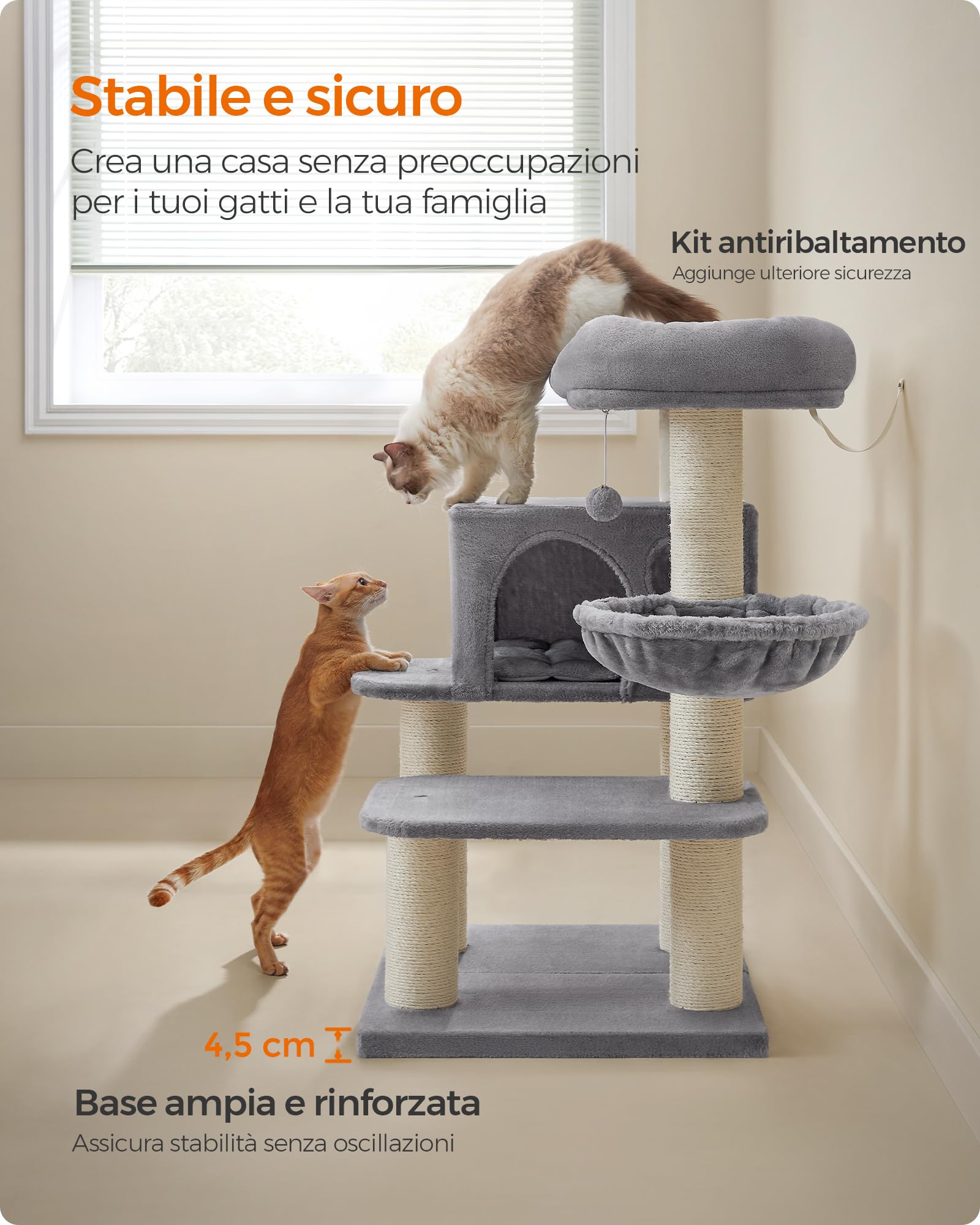 FEANDREA Tiragraffi, Albero per Gatti con Piazzola XXL in Peluche, Ampia Casetta e Cuccia Rotonda, unità Mobile, Spesse Colonne Completamente Rivestite in Corda Sisal, Stabile, Grigio Chiaro PCT01W