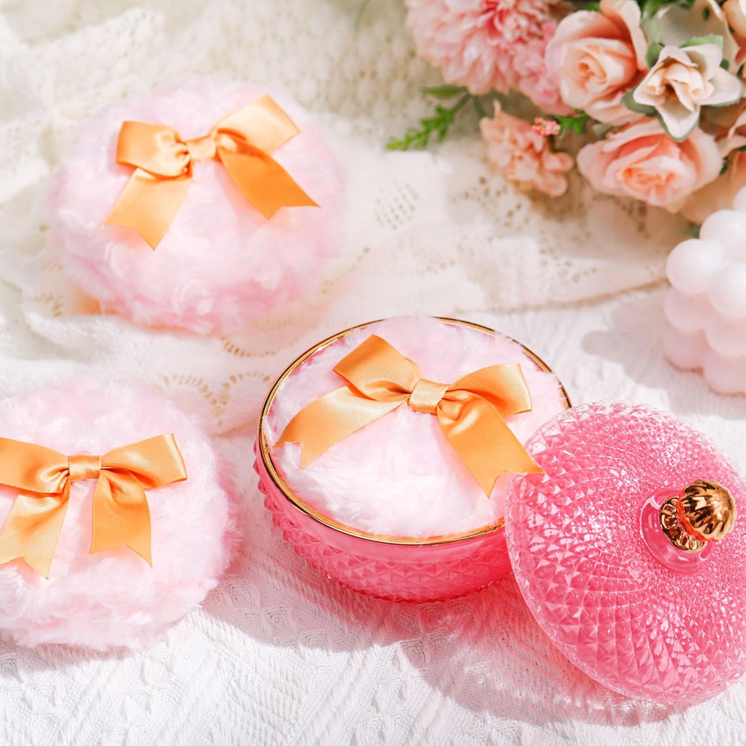 4 Pcs Pink Large Body Powder Puff and Container for Body with Crystal Container Fluffy Soft Washable Face Glitter Powder Puff Puffs for Wet Dry - Image 2