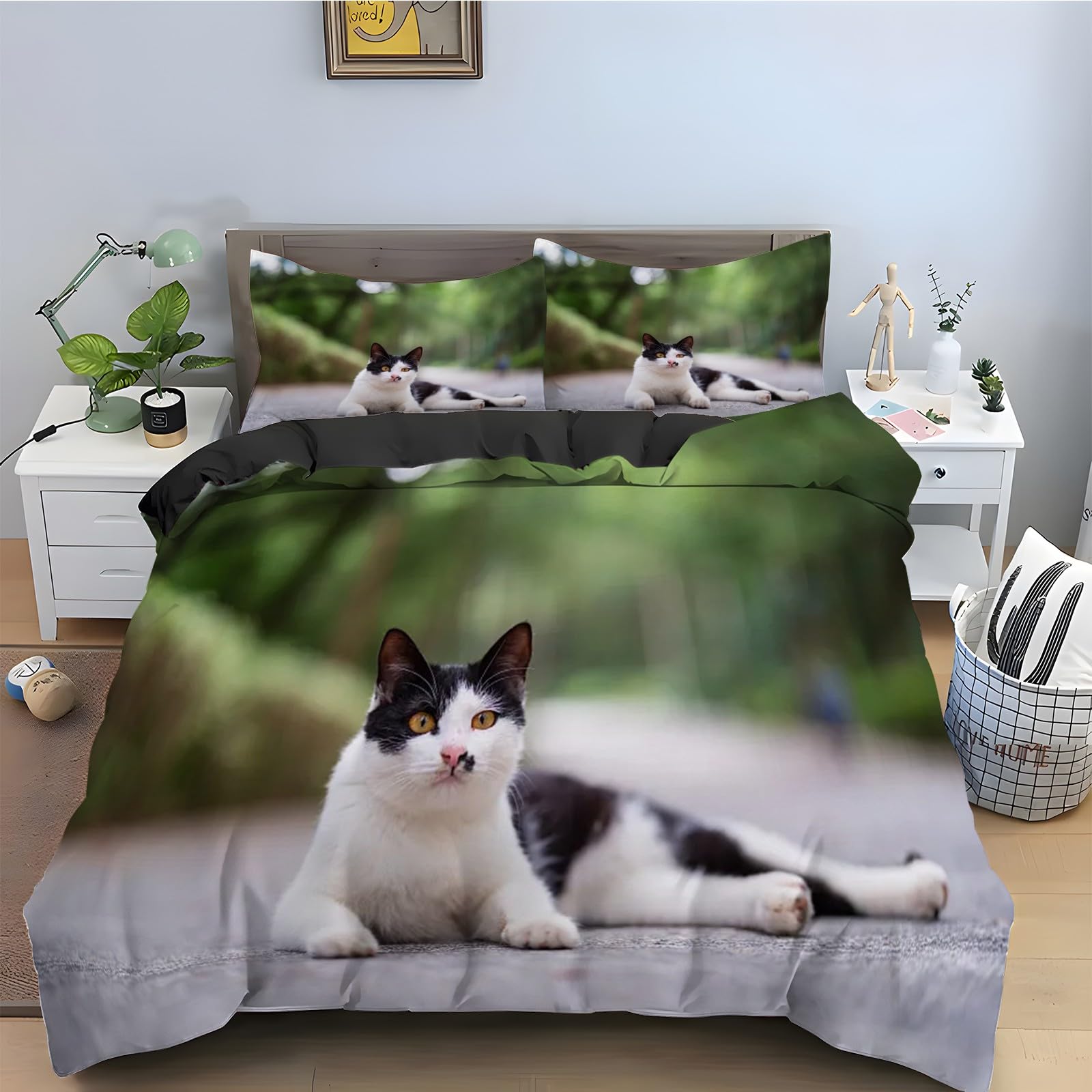Parure de lit chat calicot 160x200 pour une chambre cosy en noir et blanc
