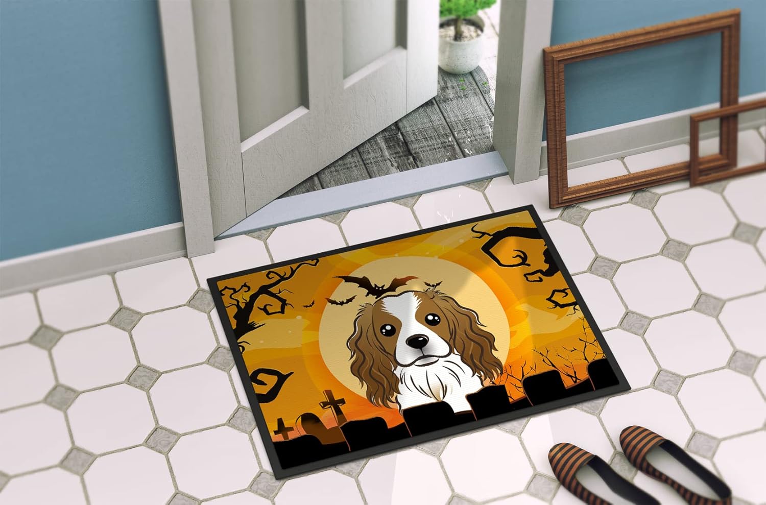 Caroline's Treasures BB1782JMAT Halloween Cavalier Spaniel Doormat 24x36 Front Door Mat Indoor Outdoor Rugs for Entryway, Non Slip Washable Low Pile, 24H X 36W