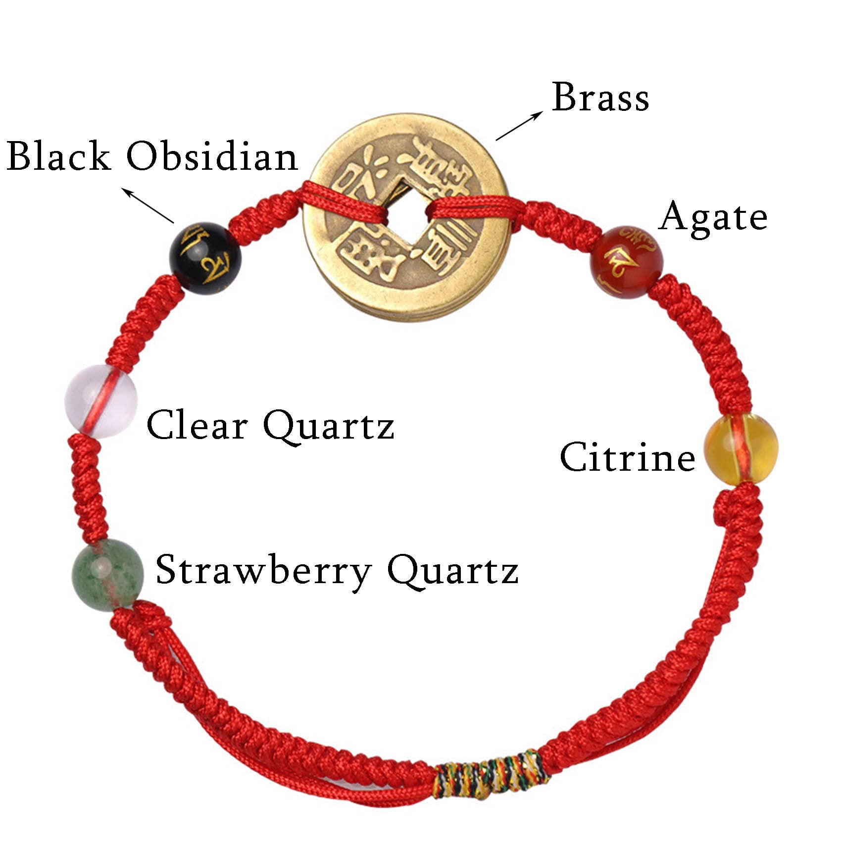 Pulsera Feng Shui Tobillera Pulsera de Hilo Rojo Cinco Monedas Antiguas Amuletos de la Suerte Pulsera Cuentas de Riqueza Pulsera de Cristal Pulsera Budista Hecha a Mano Ajustable