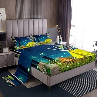 Manfei Camper Sheet Set Full Size, Night Happy Camping Bed Sheet Set 4pcs with Deep Pocket Fitted Sheet + Flat Sheet + 2 Pillowcases, Campers Tent Fire Firefly Bedding Set for Kids Girls Room Decor