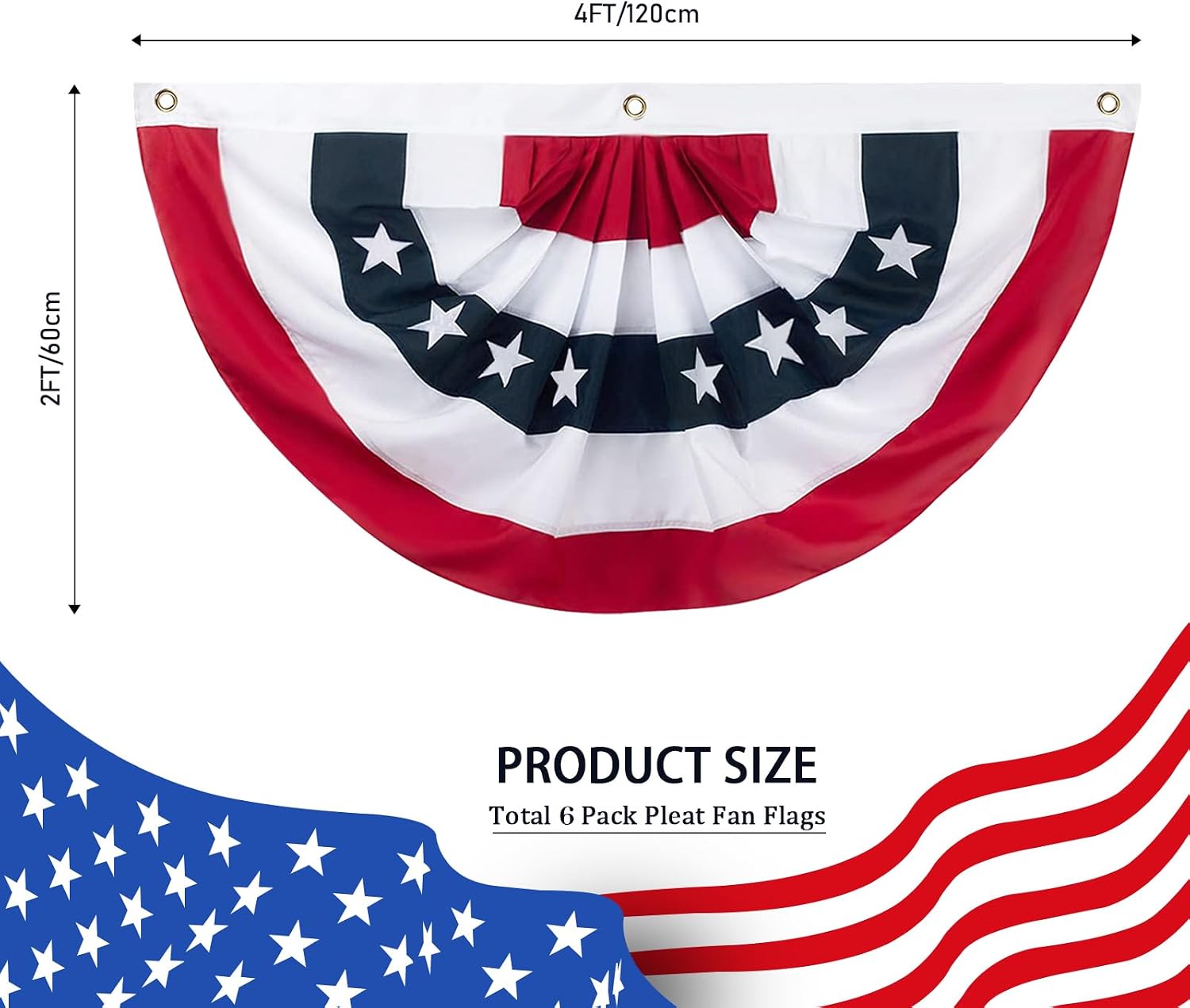 2 x 4 Ft American Pleated Fan Flag Banner, 6 Pieces USA Patriotic Half Fan Bunting Flag, Patriotic Decoration for 4th of July Independence Day Porch Garden Outdoor Indoor Decorations