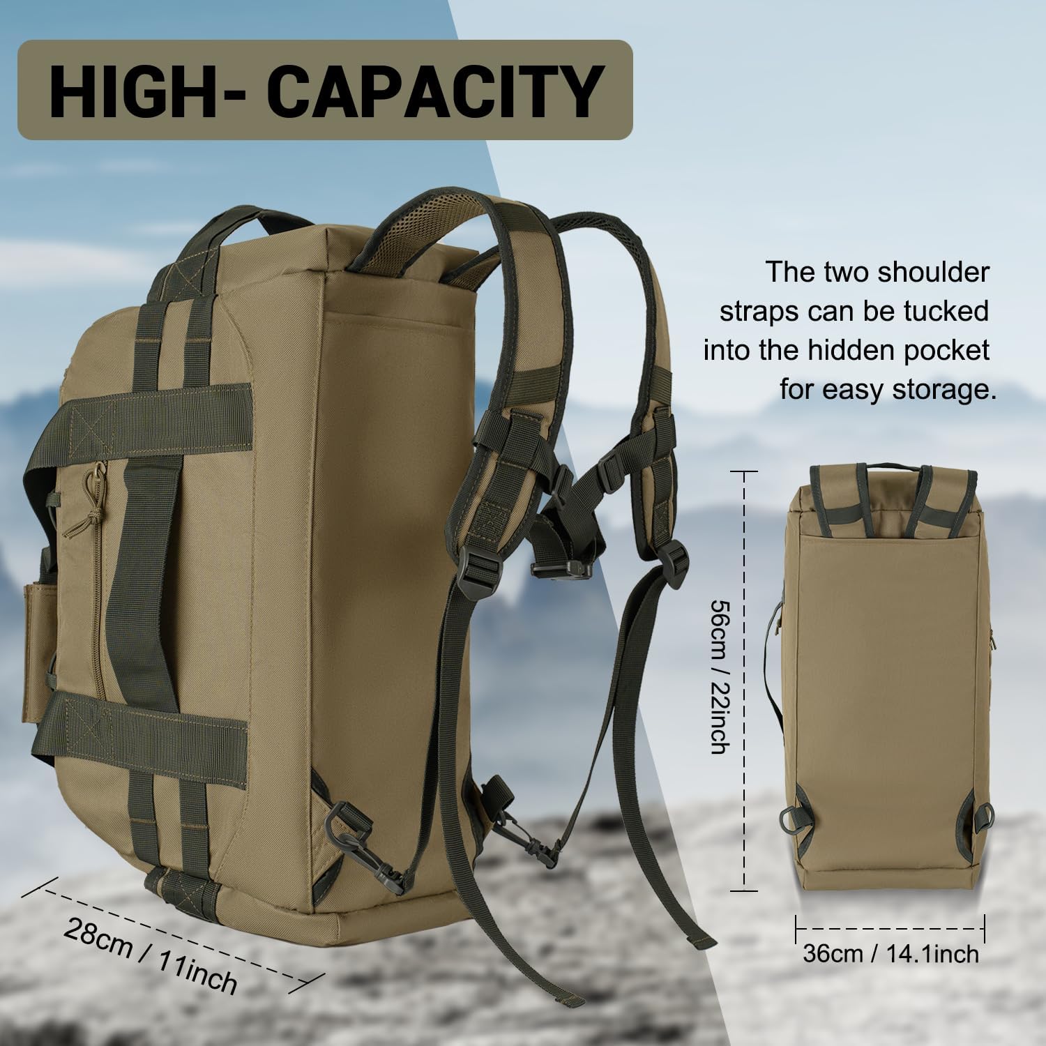 Hannibal Tactical 35L Large Duffle Bag, 3-in-1 Tactical Backpack MOLLE Pack for Sports/Gym/Outdoor, Coyote with Olive