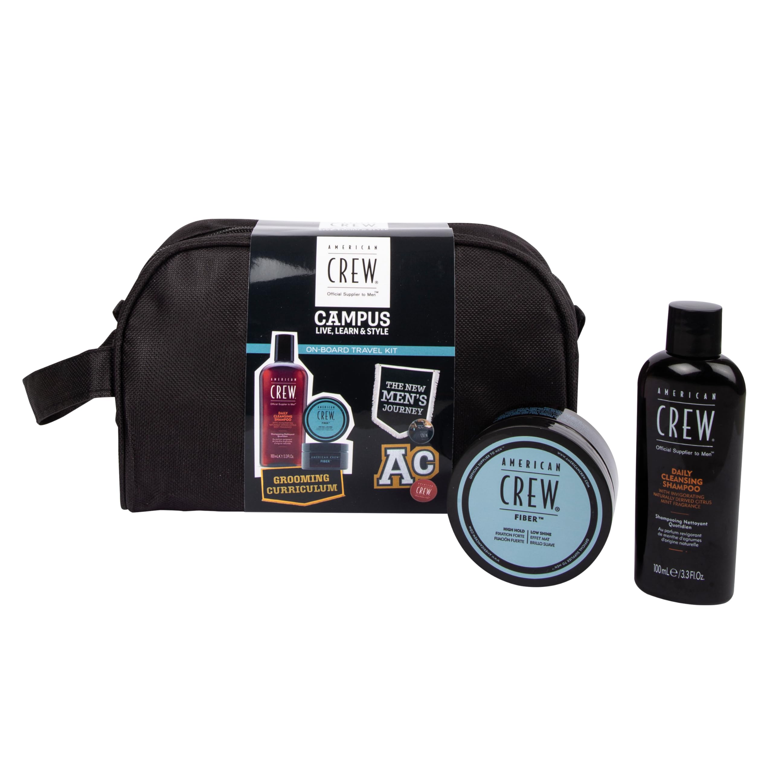 American Crew ON-BOARD TRAVEL KIT, Set Viaggio Cera Capelli & Shampoo, Pochette Regalo + AC Fiber 85 gr + AC Daily Cleansing Shampoo 100 ml