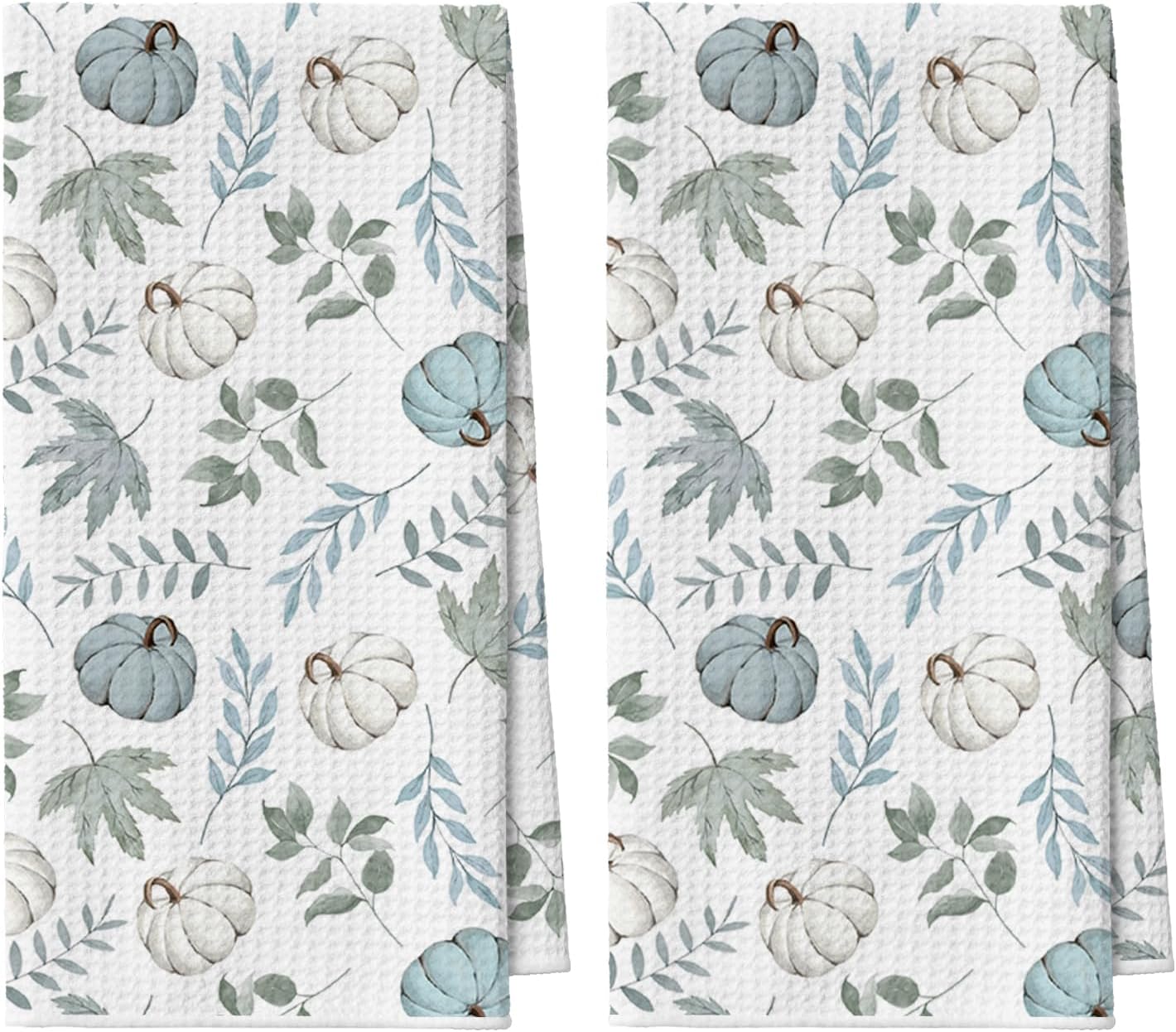 Artoid Mode Blue Leaves Beige Pumpkin Fall Kitchen Towels Dish Towels, 18x26 Inch Quick Dry Microfiber Cloth Hand Towels for Kitchen Drying Set of 2