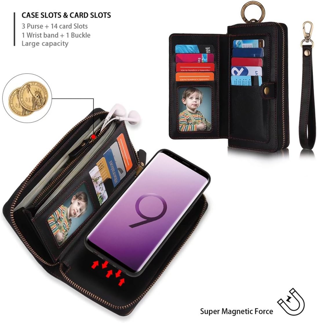 Petocase Compatible Galaxy S9 Plus Wallet Case, Multi-Functional PU Leather Zip Wristlets Clutch Detachable Magnetic 13 Card Slots & 4 Cash Pocket Protection Back Cover for Galaxy S9 Plus - Black