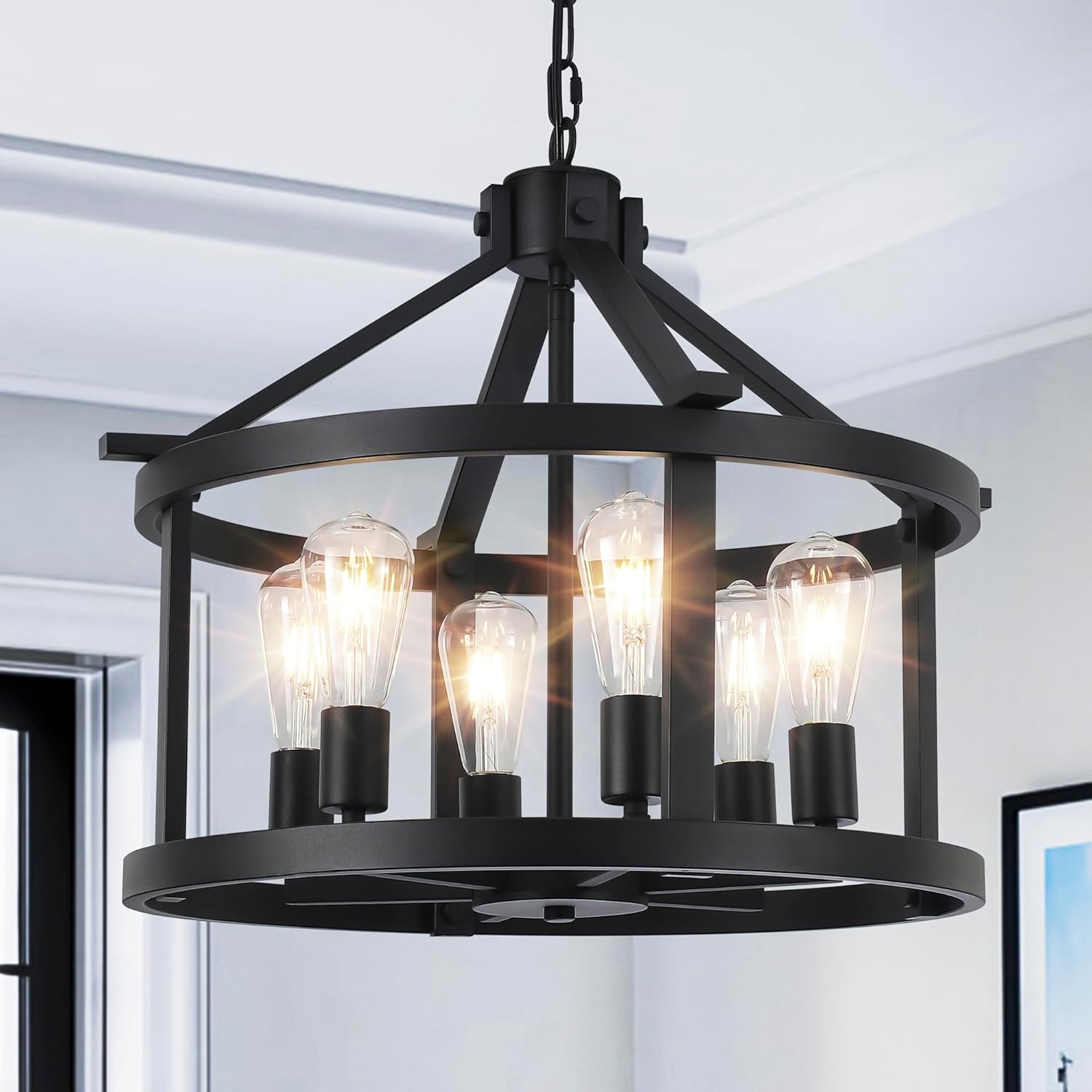 Farmhouse Light Fixtures Round Cage Chandeliers 4 Lights E12 Base Vintage Black Chandelier Pendant Light for Dining Room Entryway Hallway Foyer Kitchen