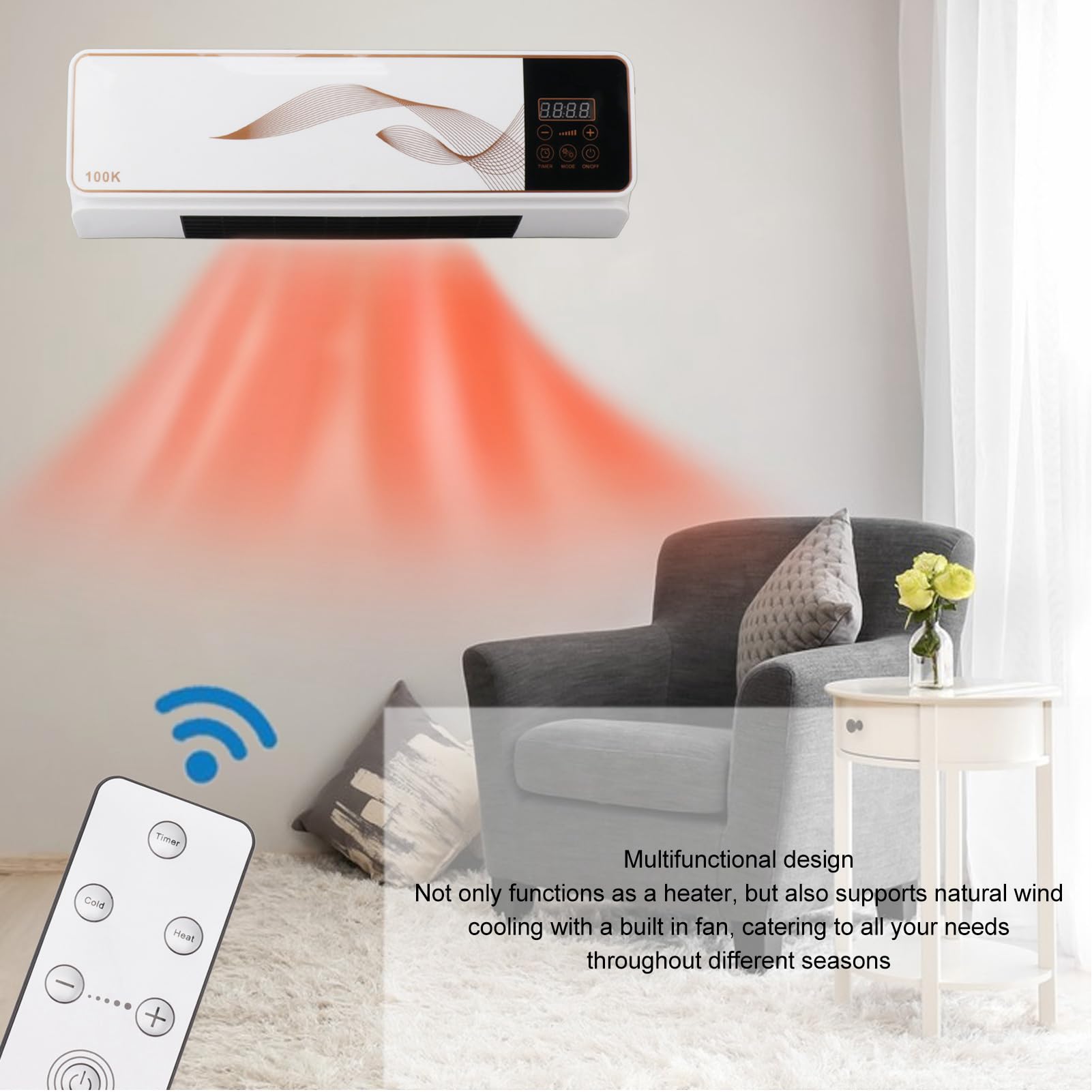 Elektryczny Klimatyzator, Mini Urządzenie Grzewczo Chłodzące 2 w 1 Termowentylator Ścienny Klimatyzator z Pilotem Zdalnego Sterowania Klimatyzator do Domu Sypialni Pokoju Dziennego (Wtyczka UE)