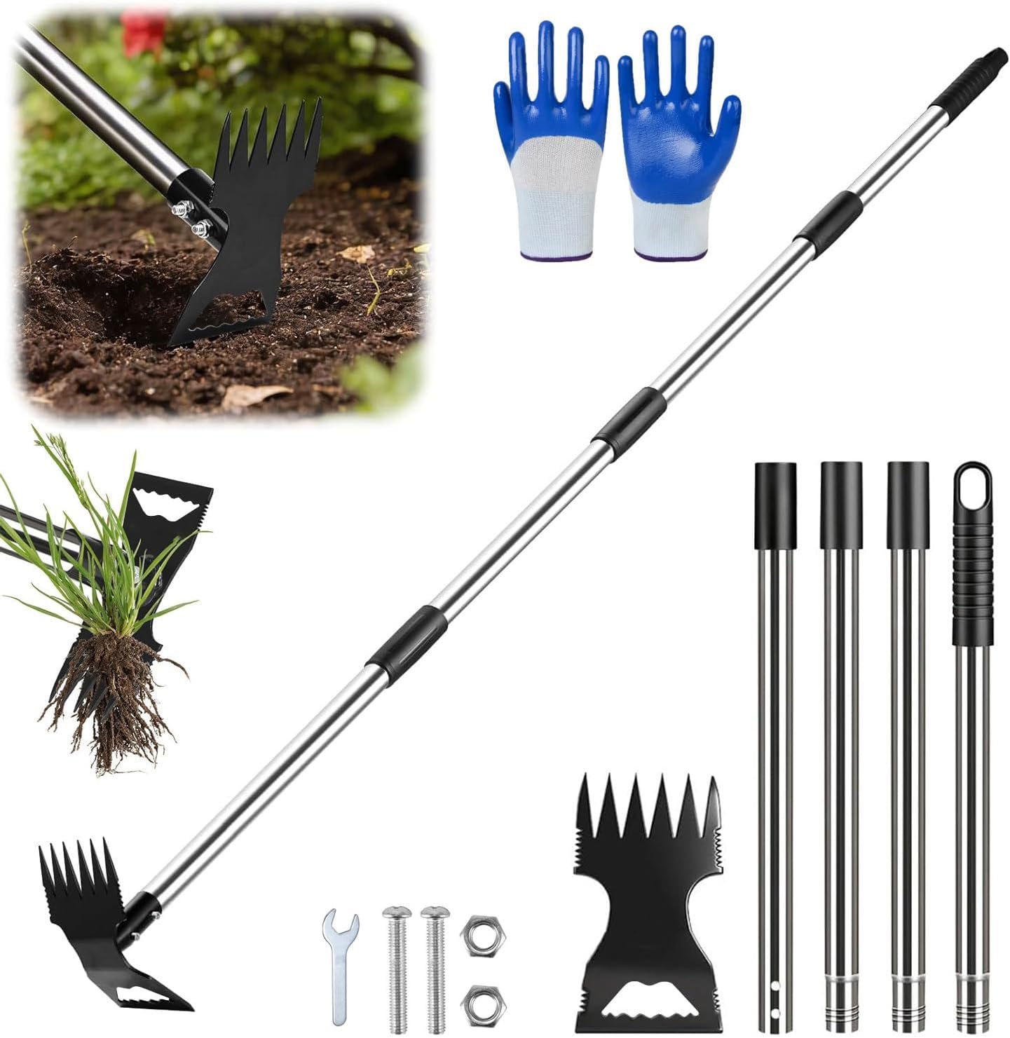 150cm Weed Puller Tool with Long Handle, 2 in 1 Heavy Duty Manual Weed Rake and Garden Hoe, Weed Remover Gardening Tools, Weeding Tools for Yard, Lawn, Patio, Garden