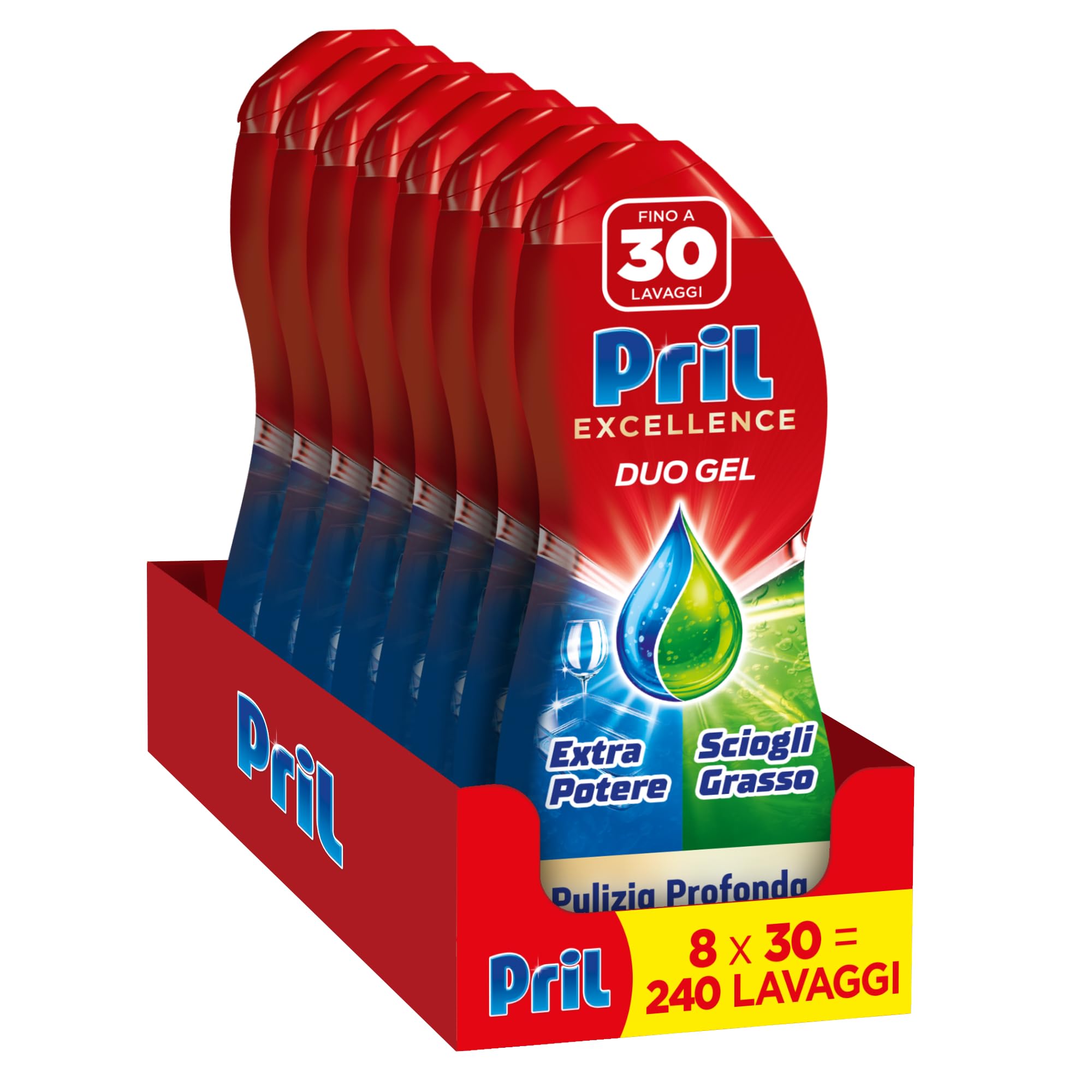 Pril Duo Gel, Detersivo lavastoviglie Gel, Azione Sciogligrasso, Formato da 8 Confezioni da 30 Lavaggi, 240 Lavaggi