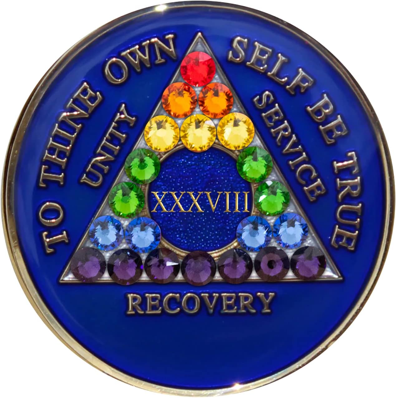 Sobriety Chip AA Rainbow Bling Crystallized Blue Triplate (38 Year)