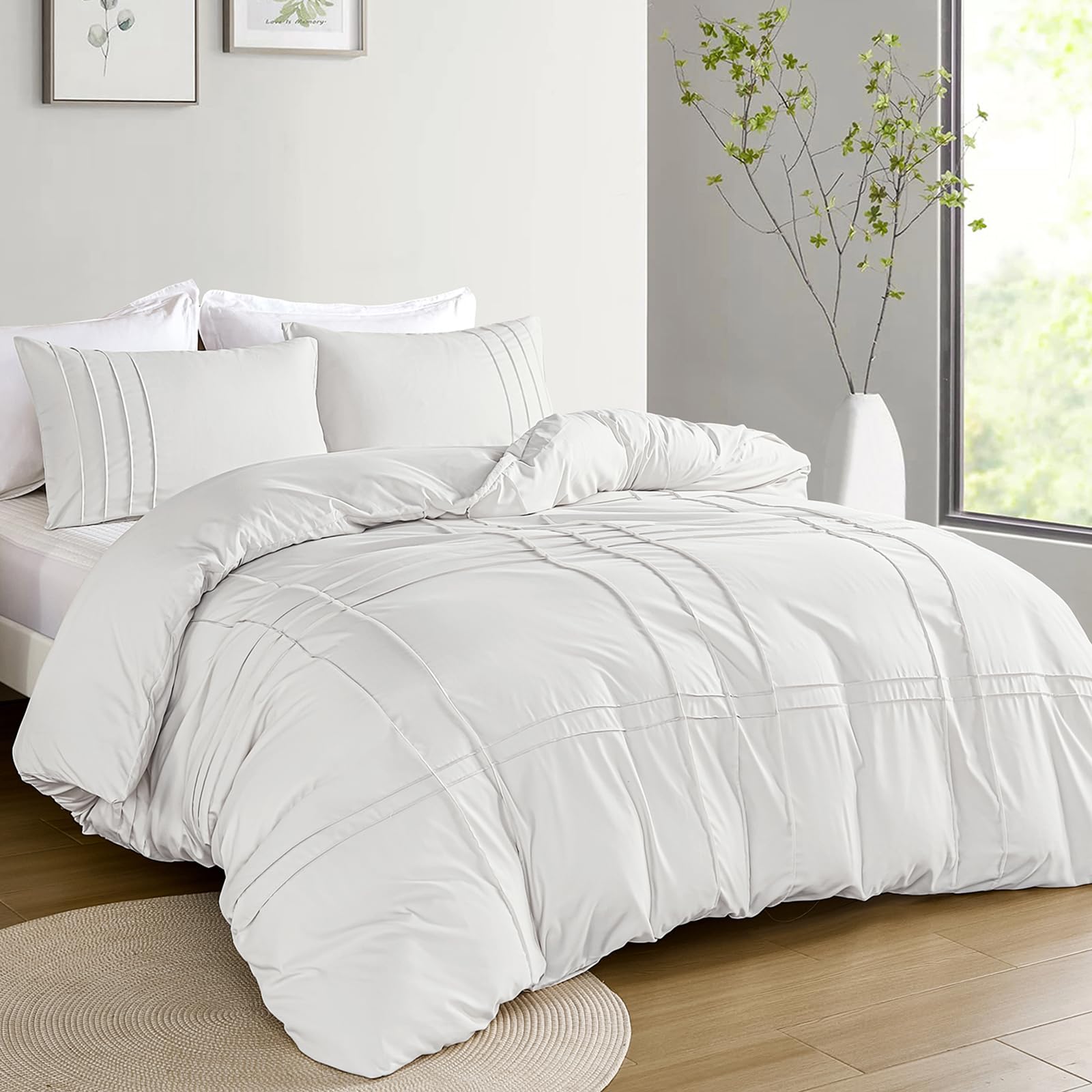 Grid Tufted Duvet Cover Double Size,Pintuck Pinch Pleated Chic Duvet Cover Set Bedding Set - Image 2