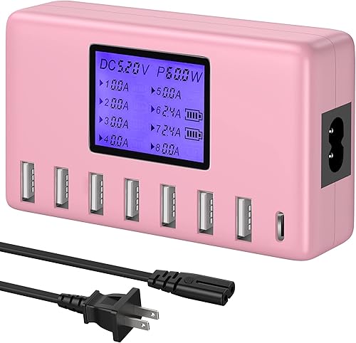 Miniatura 8 de Cargador USB, 60 W, 12 A, 8 puertos, estación de carga USB, cargador concentrador USB multipuerto, pantalla LCD de tamaño compacto, compatible con
