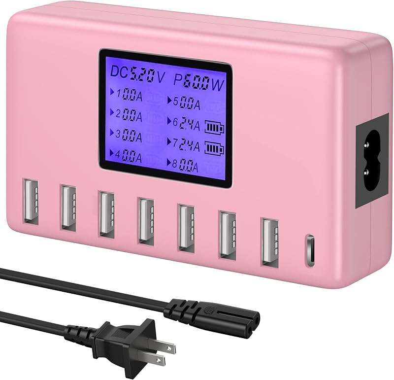 USB Charger, slitinto 60W 12A 8-Port USB Charging Station Multi Port USB Hub Charger Compact Size LCD Display Compatible with iPhone iPad Samsung Kindle Tablet Bluetooth Earbuds and More